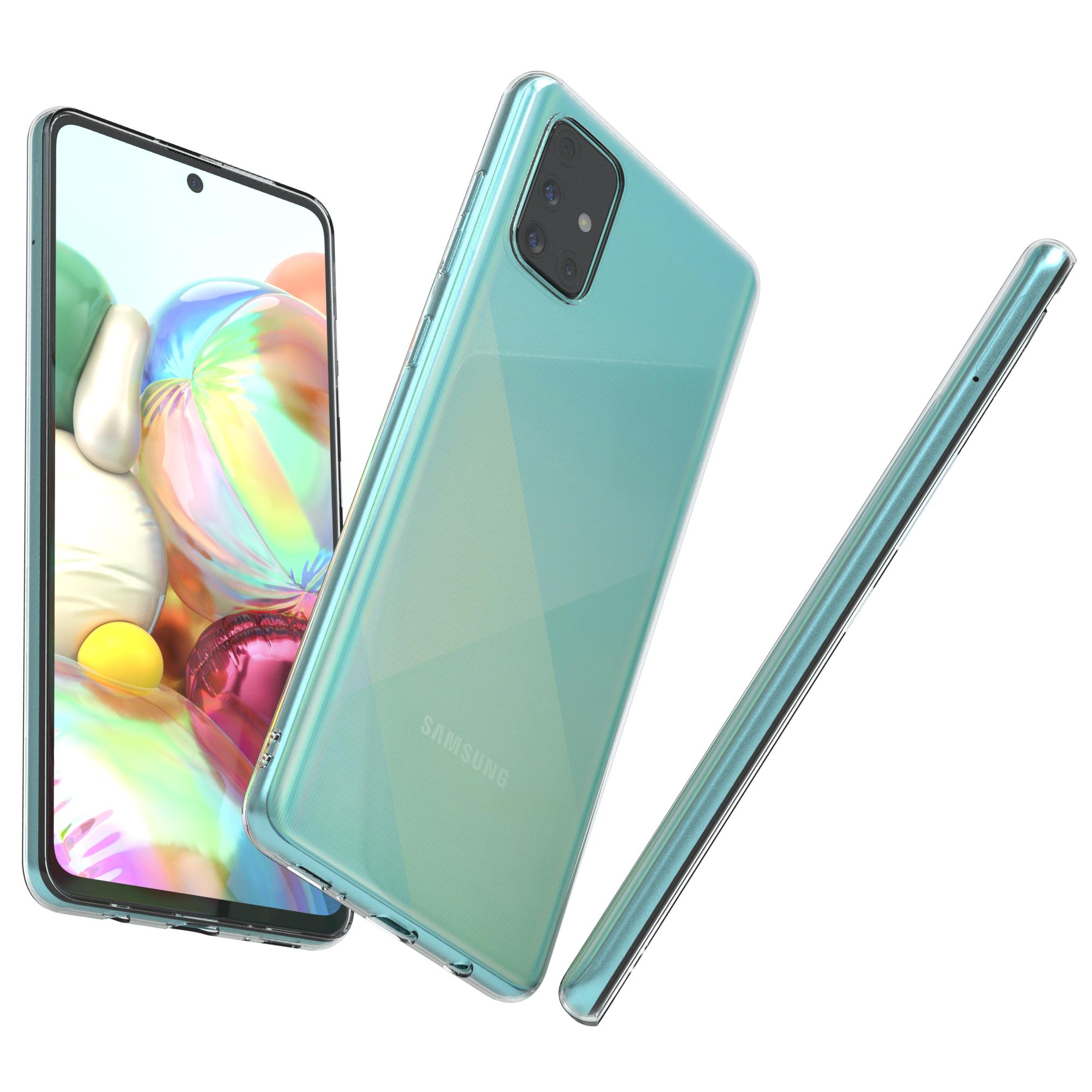 Transparente Handyhülle auf einem Telefon. Mehrere Winkel sind gezeigt. Weißer Hintergrund.