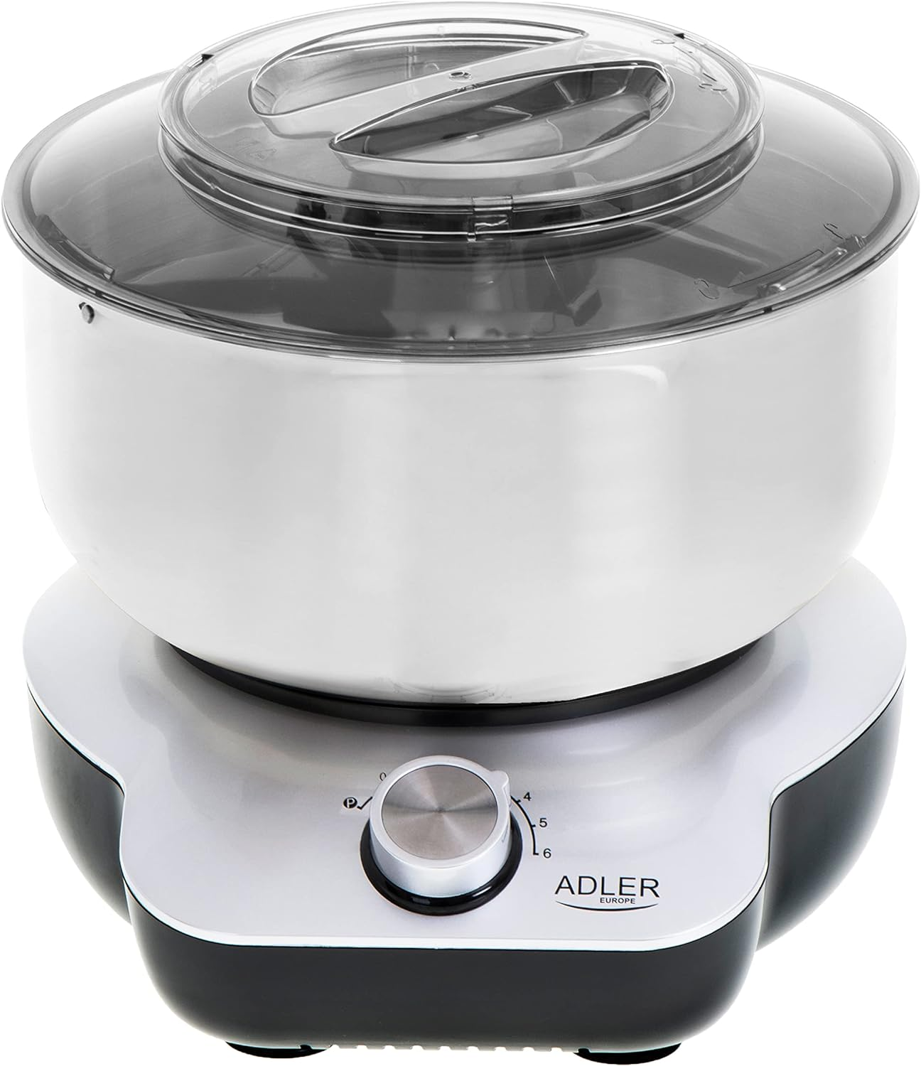 Silber-schwarzer Küchenmixer mit transparentem Deckel. Schwarze Basis, weißer Hintergrund.