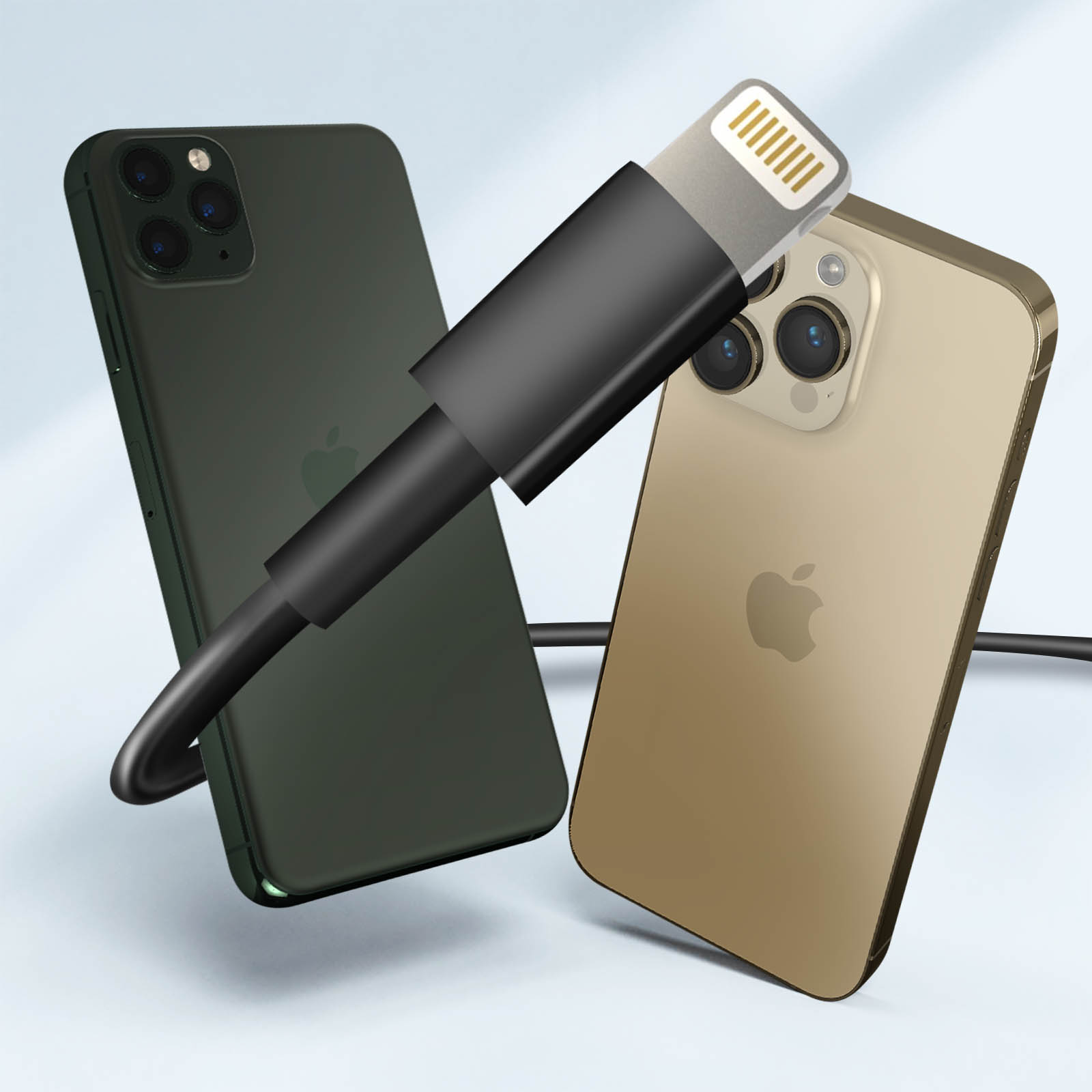 Zwei iPhones mit einem schwarzen Ladekabel.