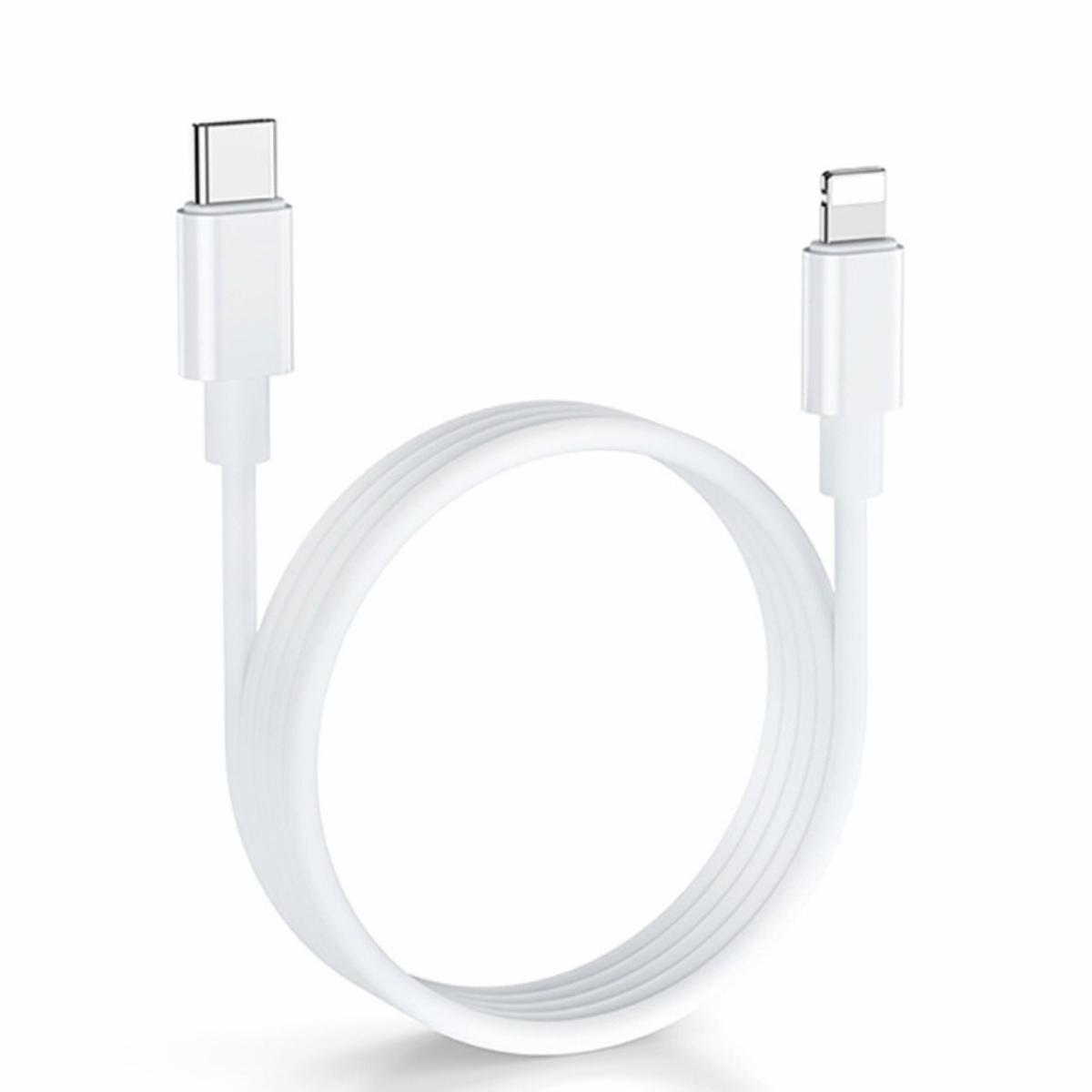 Weißes USB-C-auf-Lightning-Kabel, U-förmig angeordnet.