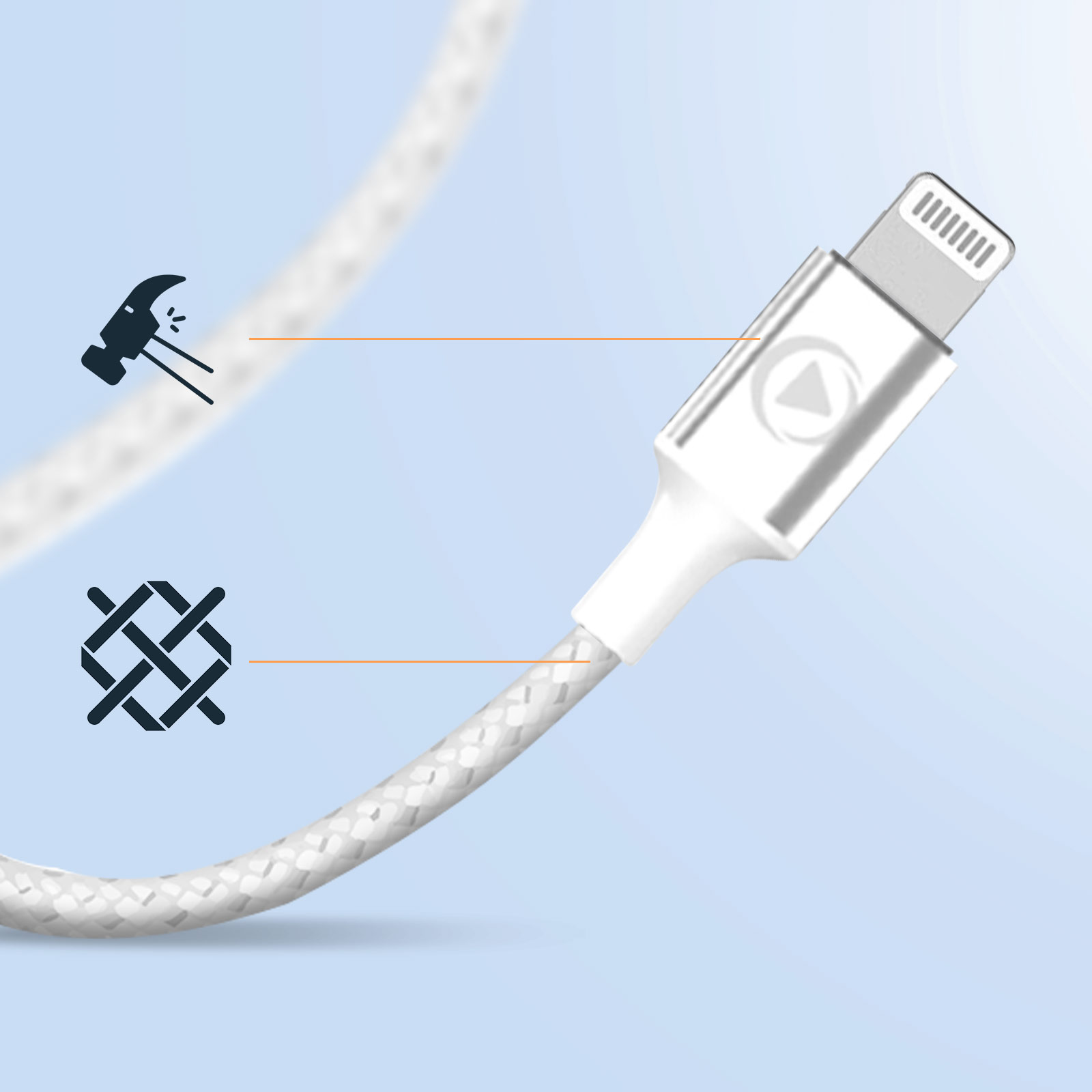 Biały kabel ładujący ze srebrnym złączem i wizualnymi przedstawieniami trwałości.