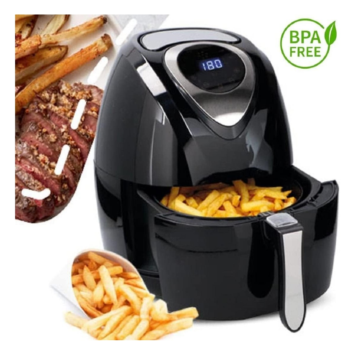 Heißluftfritteuse mit Pommes und Steak. Schwarze Heißluftfritteuse mit Digitalanzeige. Weißer Hintergrund.