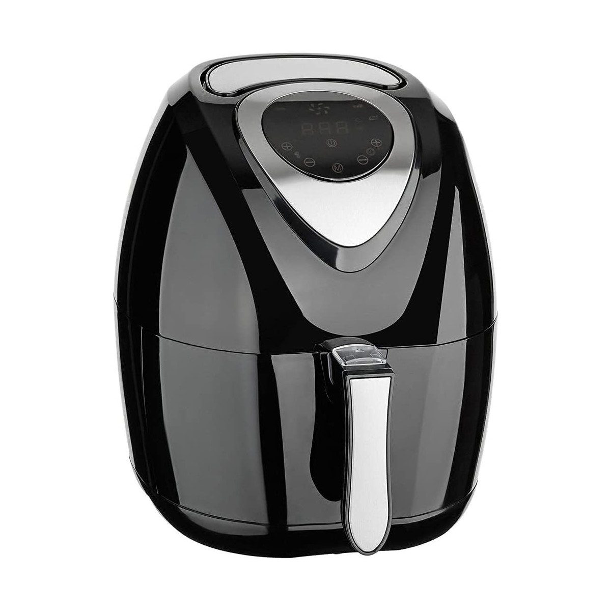 Schwarze Heißluftfritteuse mit Digitalanzeige, die 888 anzeigt. Chrome Akzente und Griff. Weißer Hintergrund.