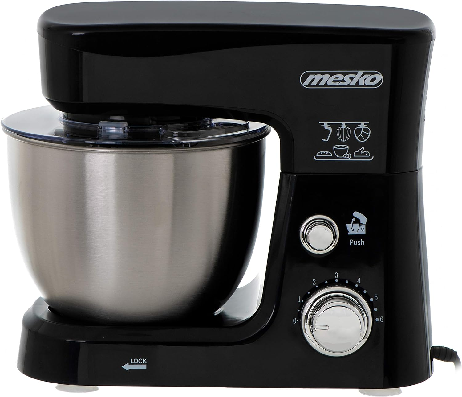 Schwarzer Mesko-Küchenmixer mit Edelstahl-Schüssel. Er hat einen Drehzahlregler und einen schwarzen Sockel.