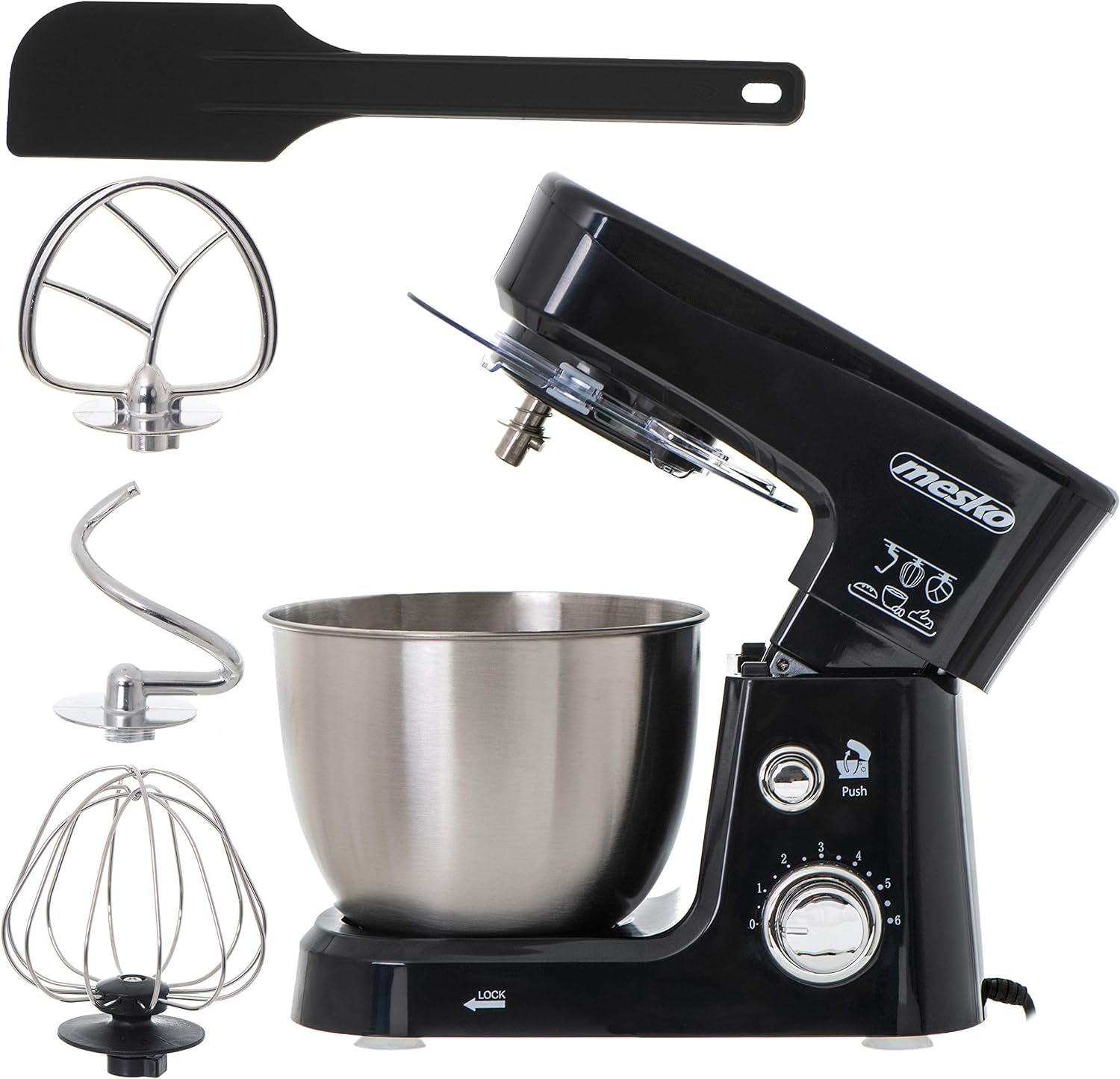 Schwarzer Mesko Küchenmixer mit Aufsätzen und Spatel, auf weißem Grund.