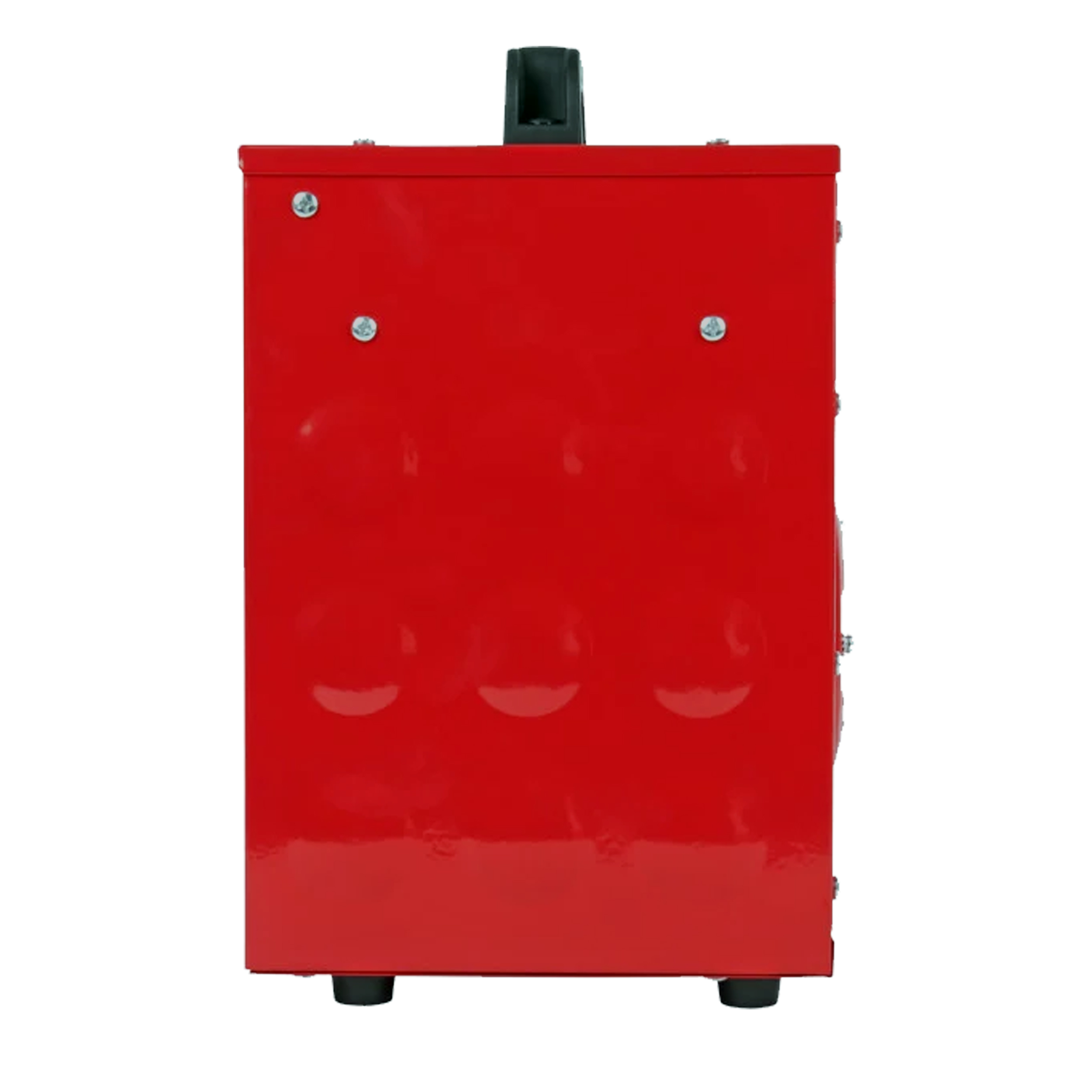 Eine rote Metallbox mit schwarzen Füßen. Sie hat drei Schrauben oben und einen Griff.