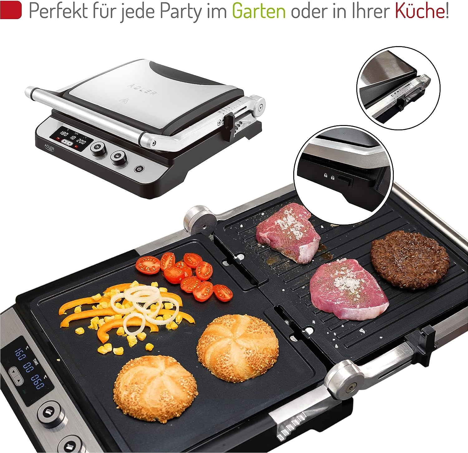 Schwarz-silberner Grill mit Essen darauf. Tomaten, Burger und Brot. Weißer Hintergrund.