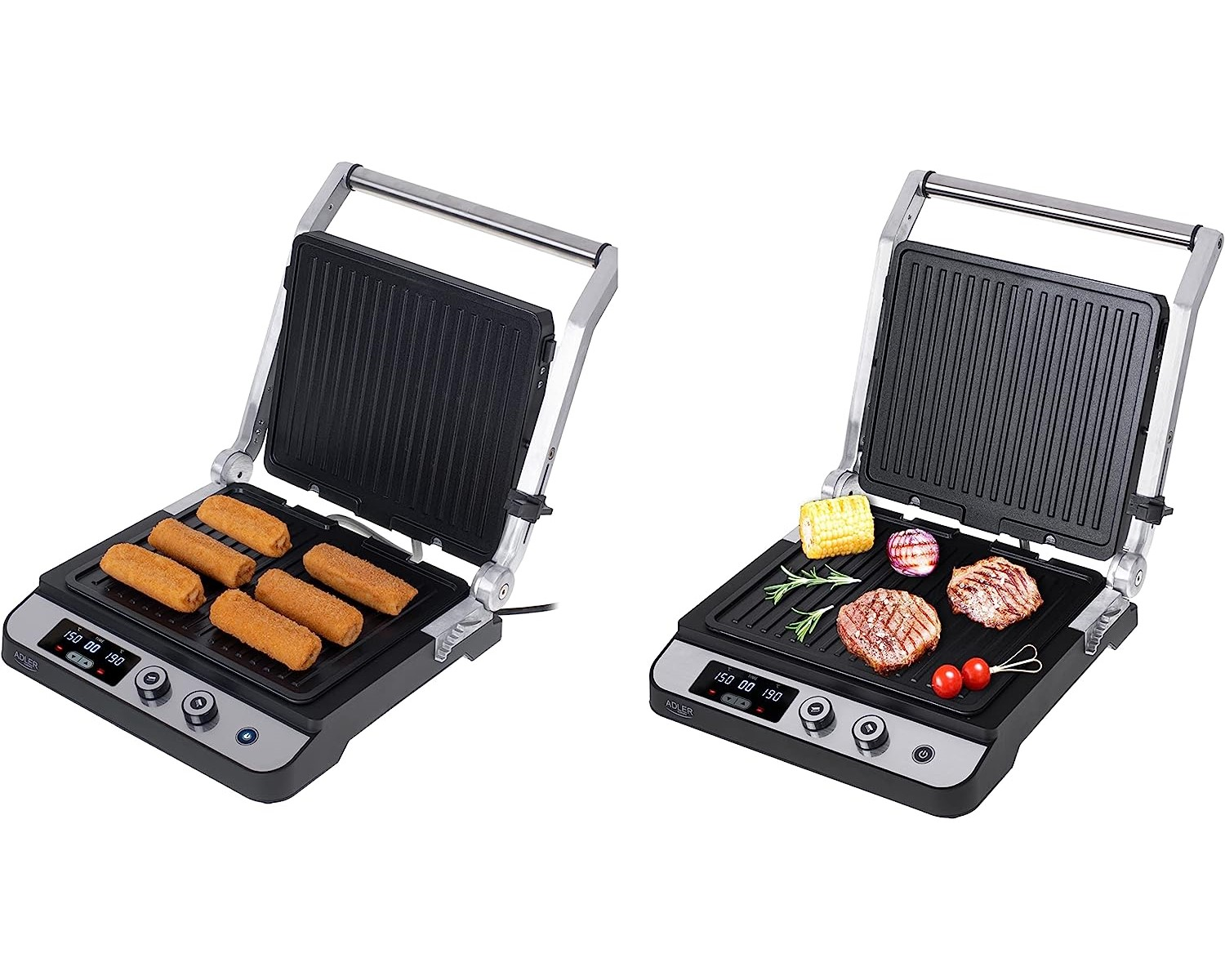 Zwei Elektrogrills mit Essen. Einer mit frittierten Stäbchen, der andere mit Fleisch, Mais und Tomaten. Silberne Griffe.