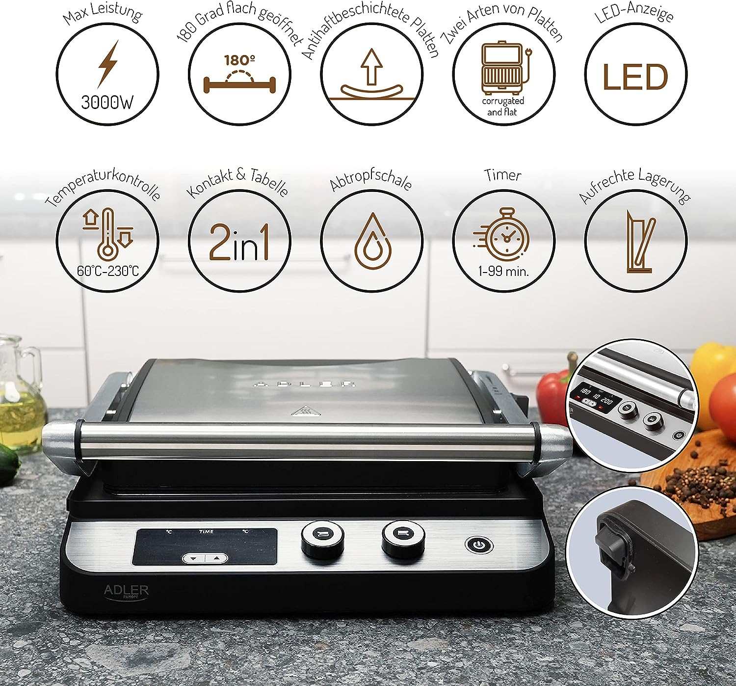Ein Grill mit verschiedenen Symbolen, die Funktionen wie Timer, Temperaturregelung und 2in1-Option zeigen.