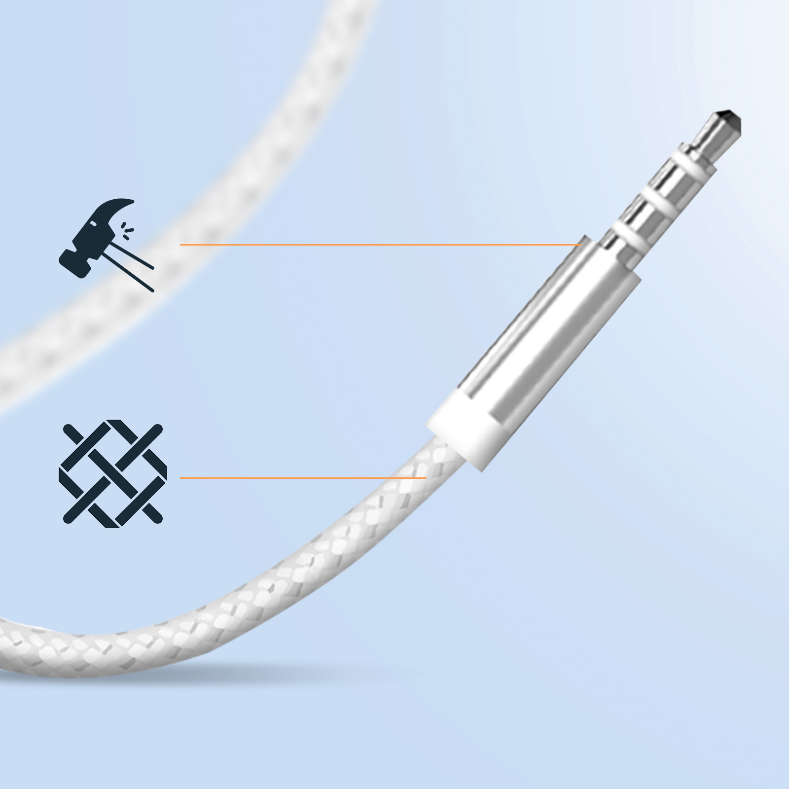 Un cable de audio trenzado blanco con un conector plateado, con ilustraciones de un martillo y una malla.