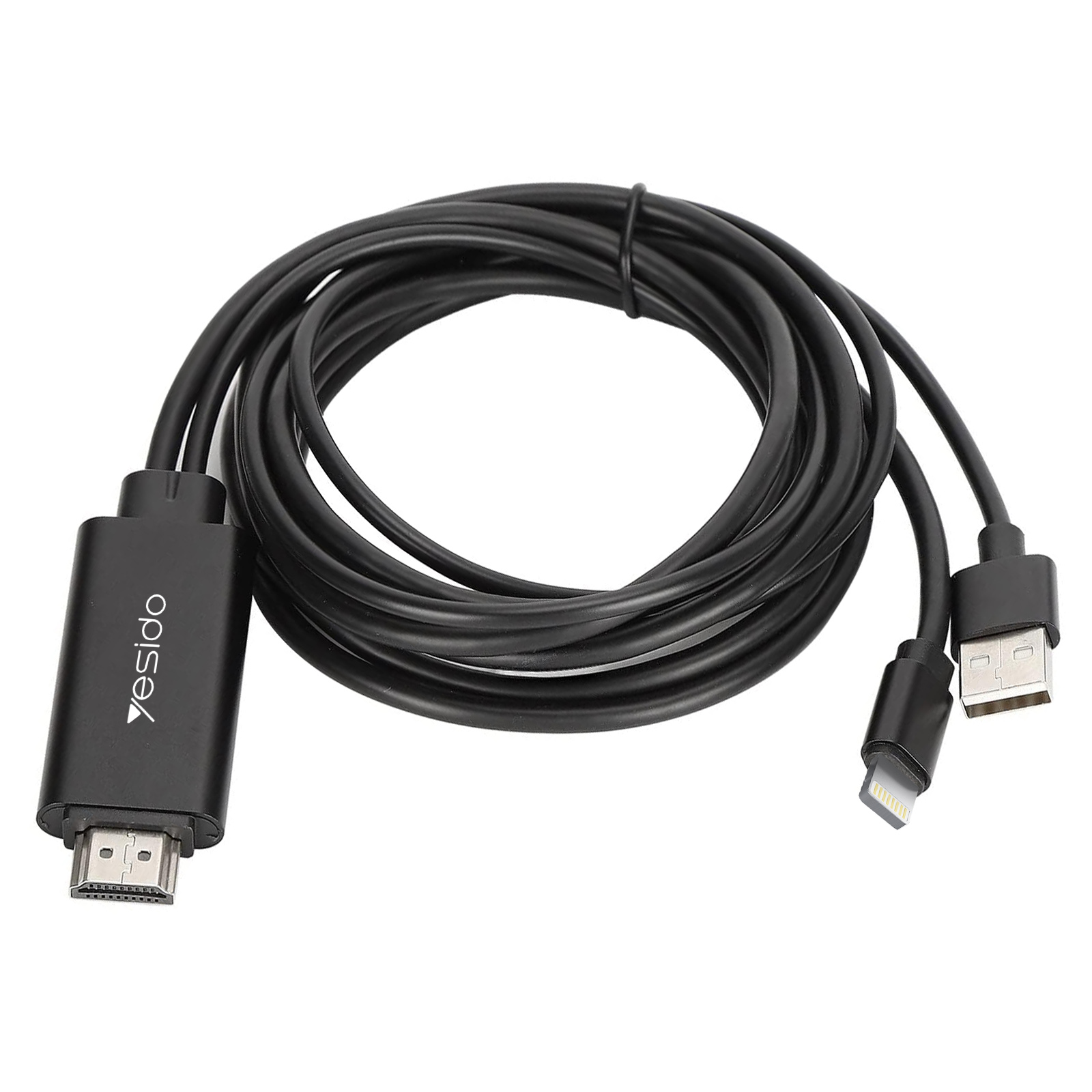 Schwarzes HDMI-zu-Lightning- und USB-Kabel, zusammengerollt.