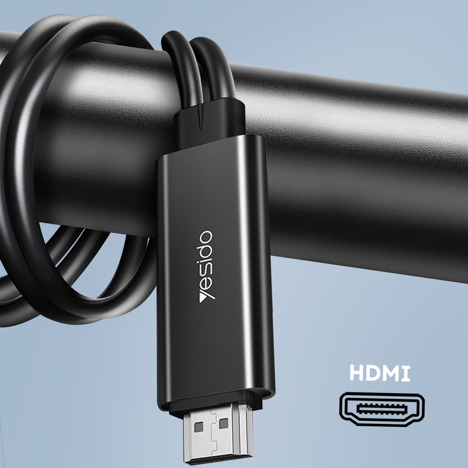 Schwarzes HDMI-Kabel um eine schwarze Metallstange gewickelt, mit schwarzem Yesido-Anschluss und HDMI-Symbol.