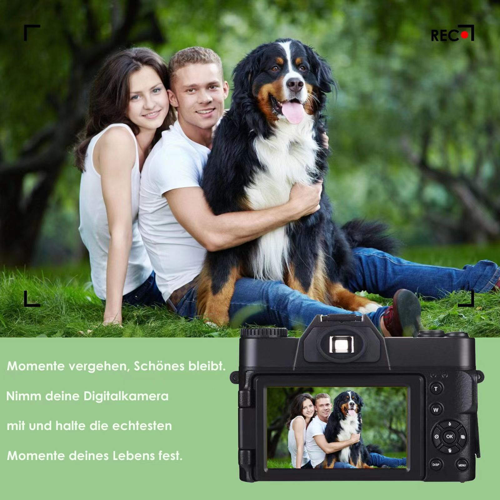 Pareja con perro y cámara. La cámara muestra a la pareja y al perro. Fondo verde.