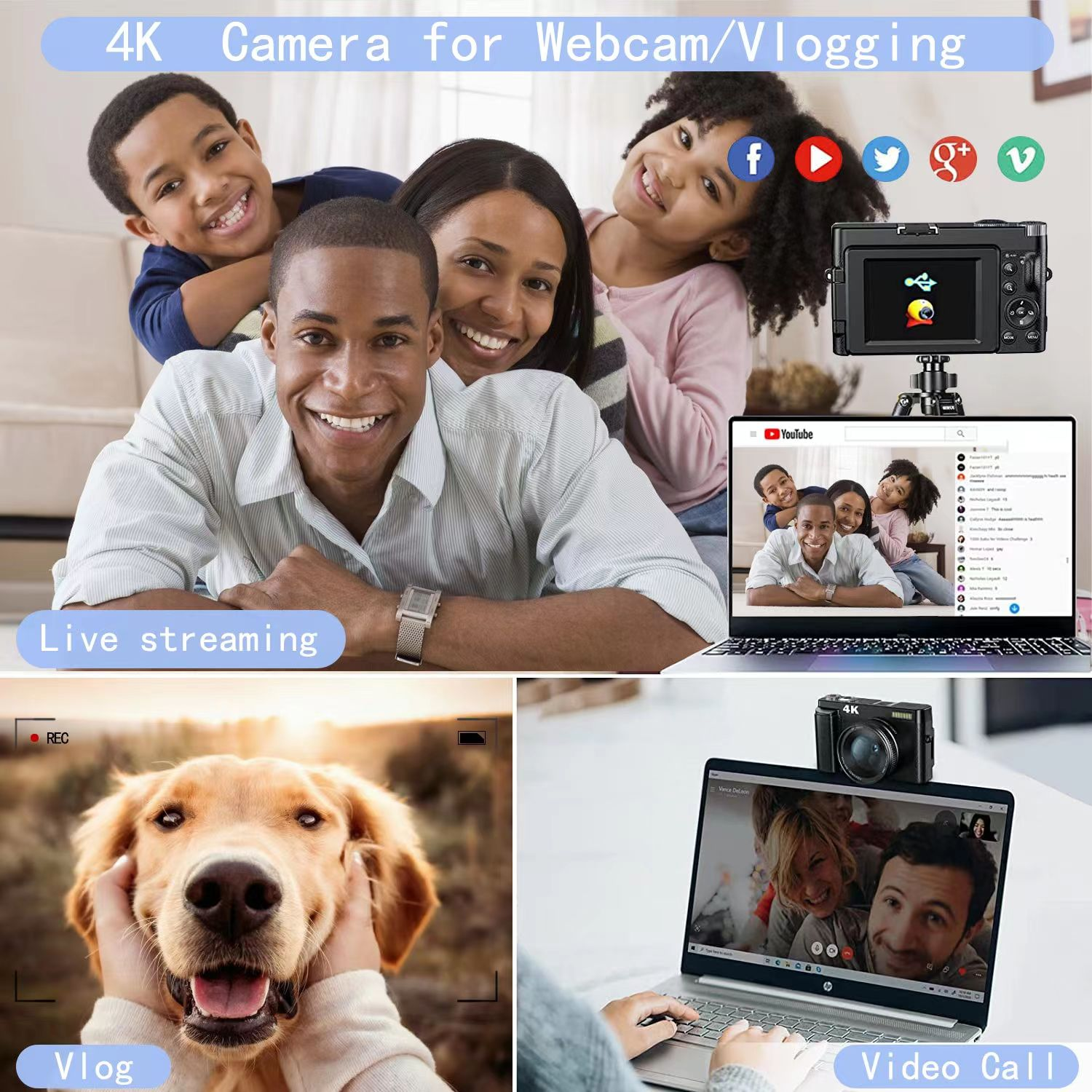 Múltiples imágenes que muestran una webcam con una familia, un perro y una persona en videollamada con un portátil.