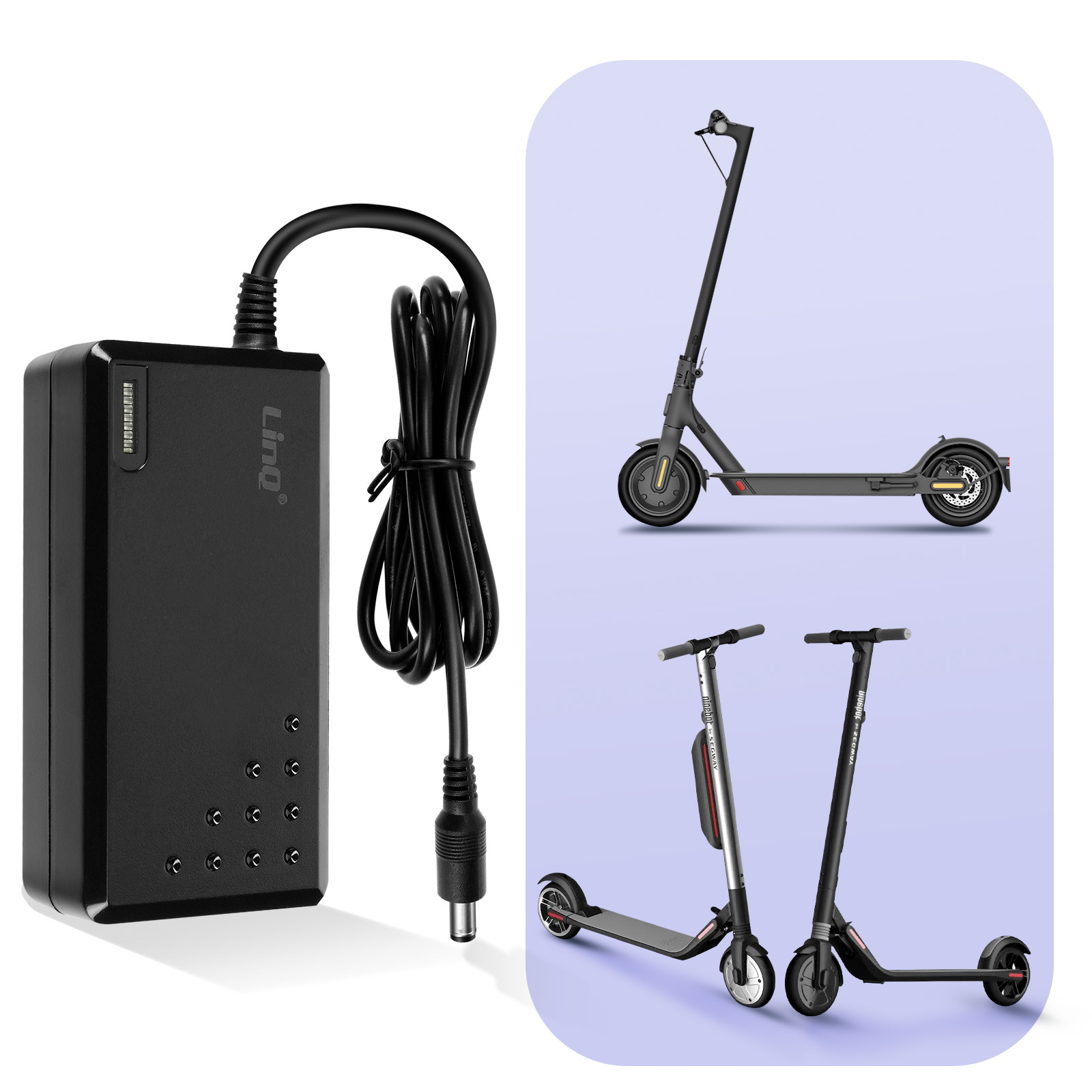 Un'unità di ricarica, due scooter su uno sfondo viola con un cavo di alimentazione nero.