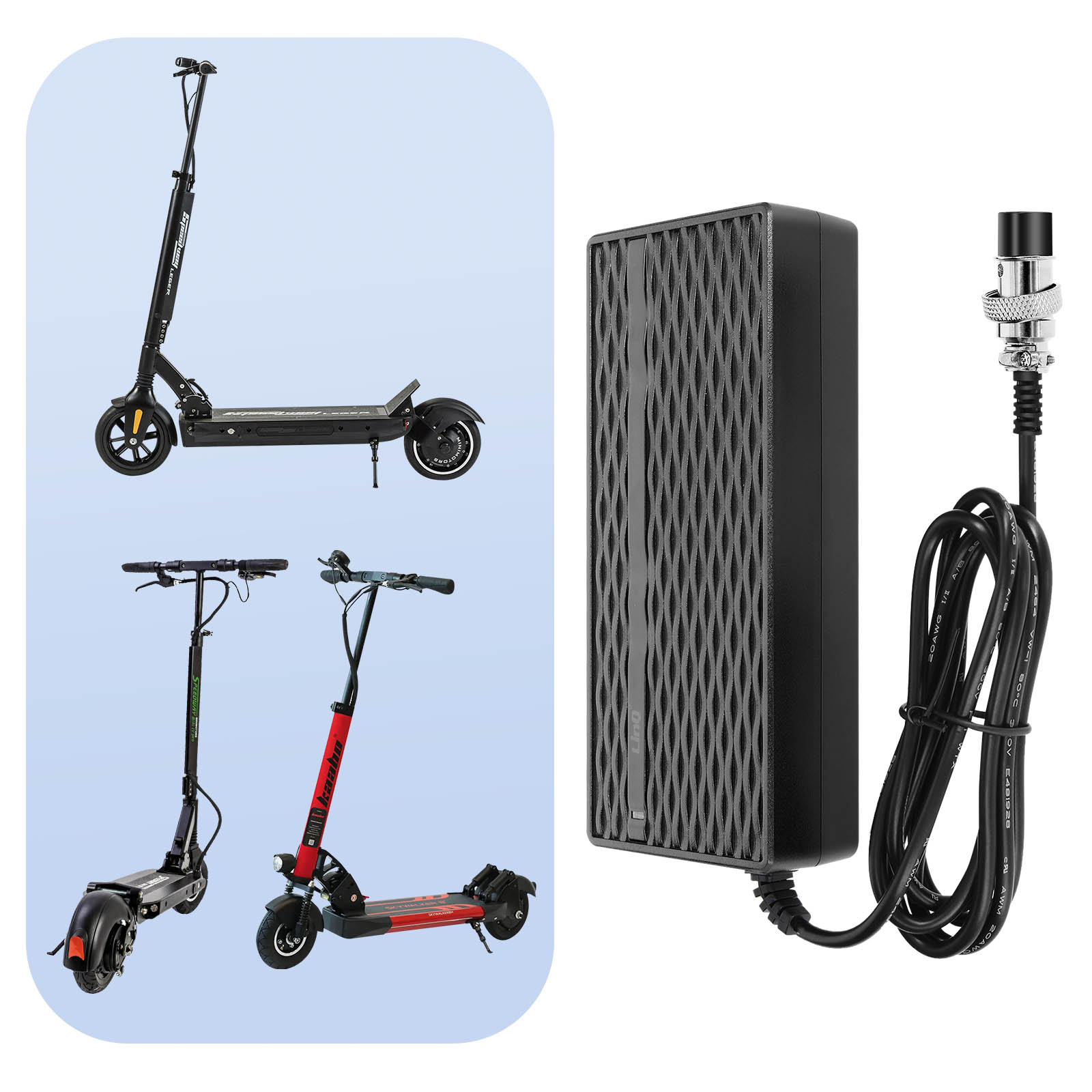 Tre scooter elettrici e un caricabatterie nero con cavo.