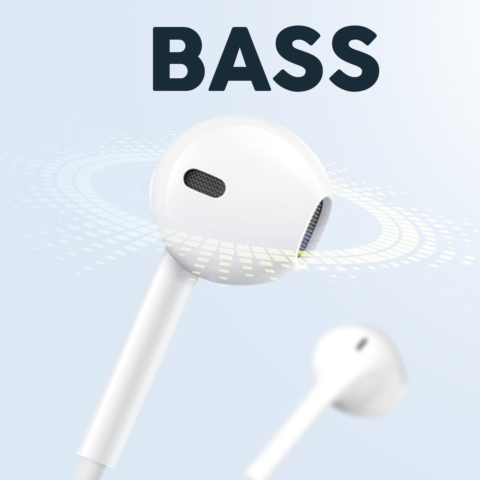 Białe słuchawki z napisem BASS powyżej. Jedna para jest ostra, druga rozmyta.