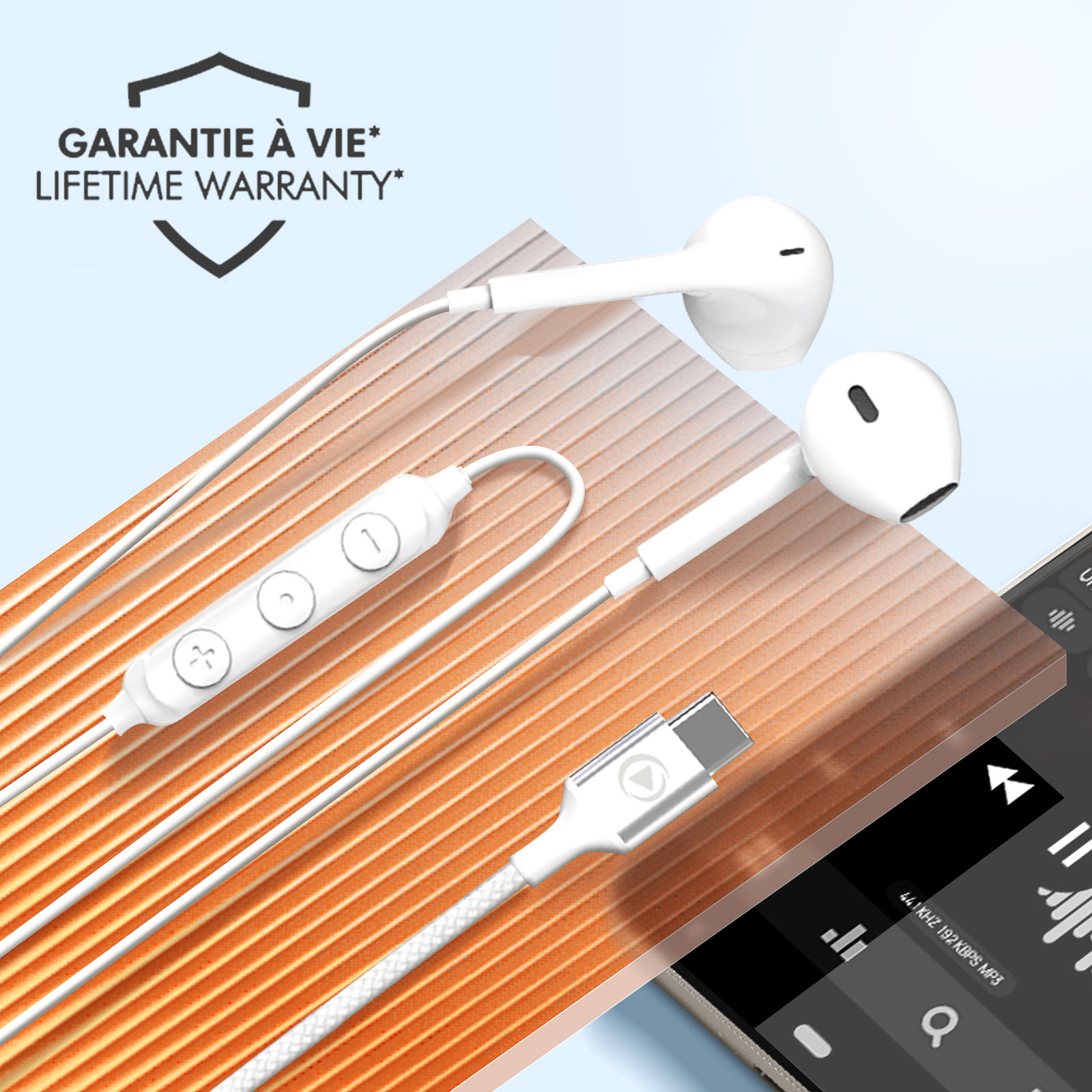 Białe słuchawki z panelem sterowania i złączem USB-C, z dożywotnią gwarancją.