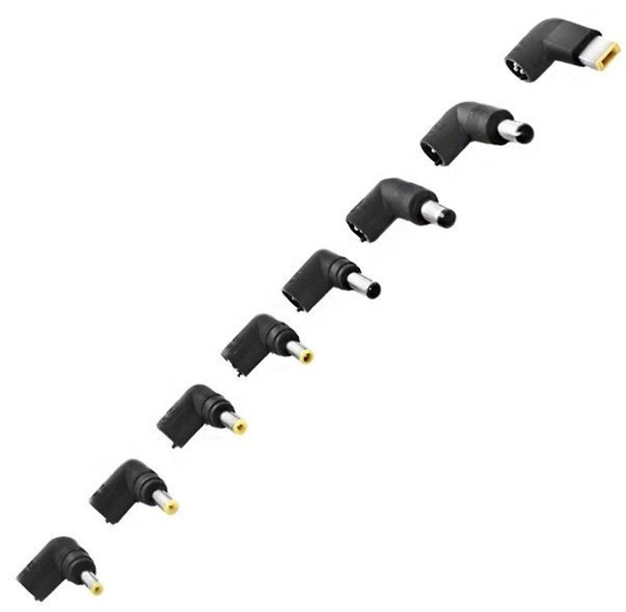 Eine diagonale Reihe schwarzer Netzadapter-Anschlüsse, in verschiedenen Größen und Formen.
