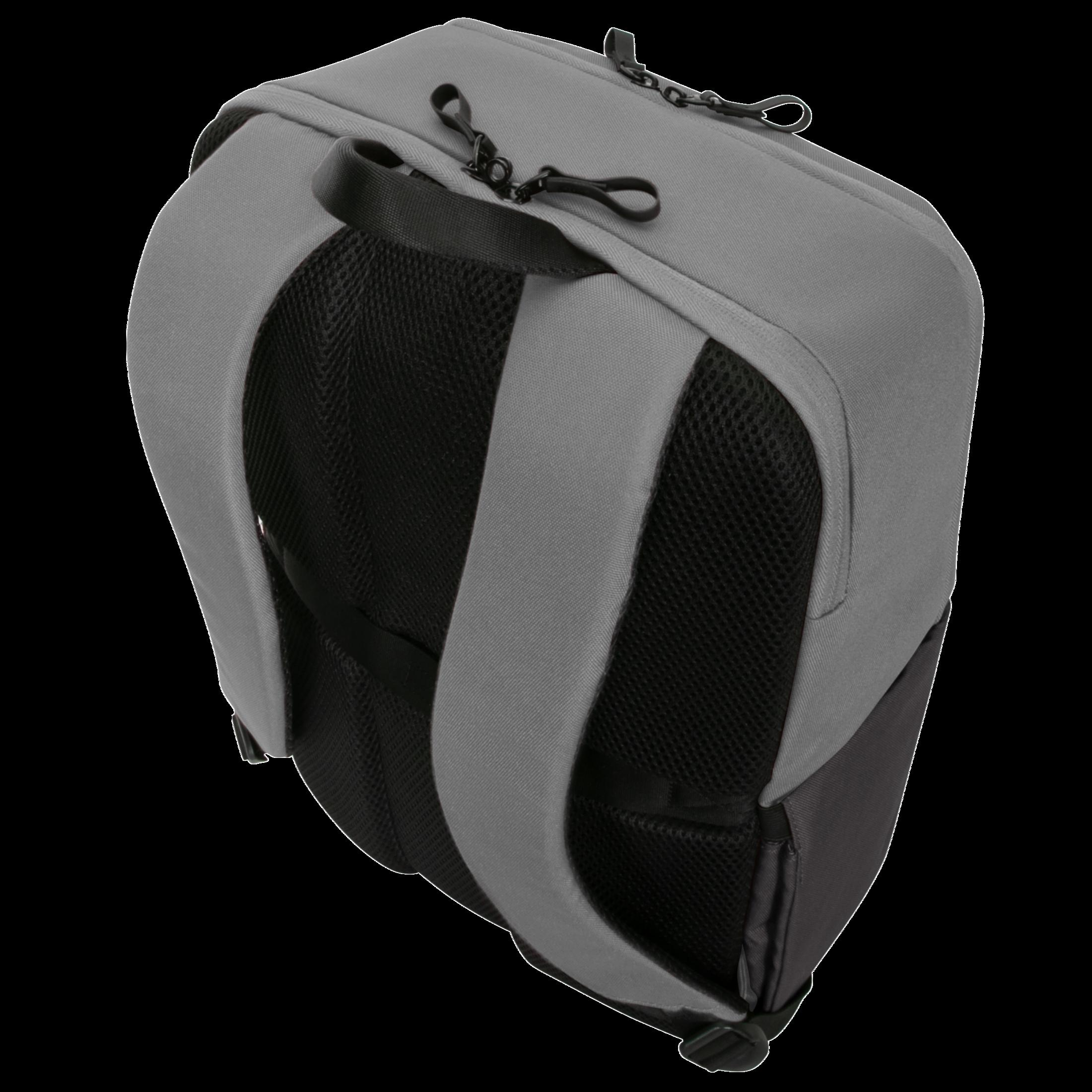 Grauer und schwarzer Rucksack auf schwarzem Hintergrund, Rückansicht.