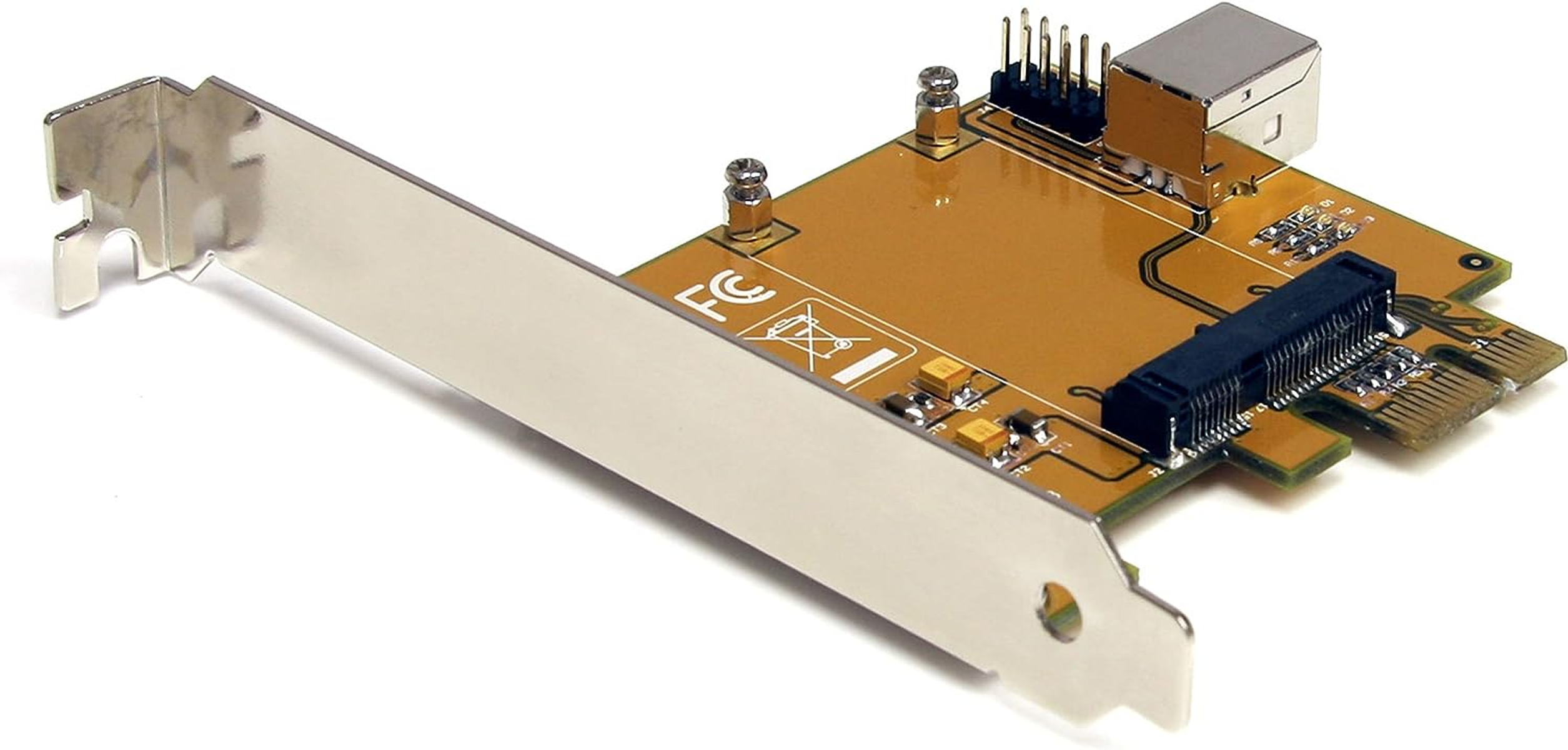 Eine braune und goldene Leiterplatte mit einem silbernen Halter und einem USB-Anschluss.