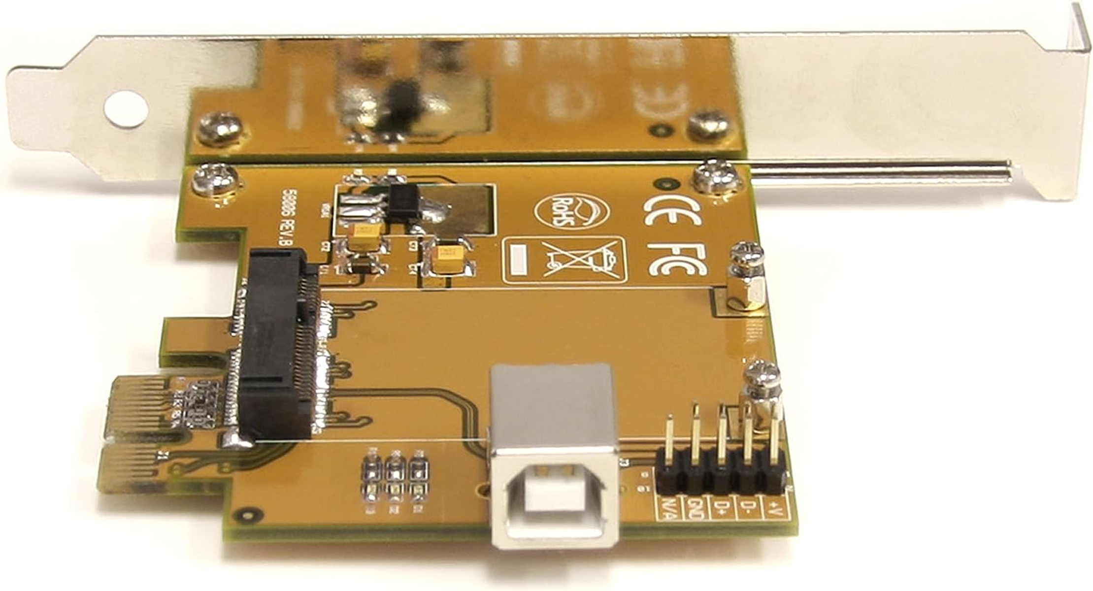 Leiterplatte mit USB- und SATA-Anschlüssen. Sie hat mehrere Chips und Anschlüsse auf weißem Hintergrund.