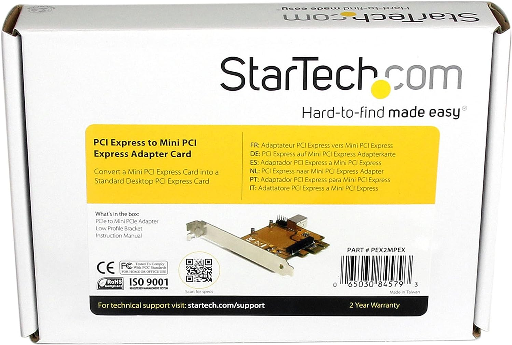 Weiße Box mit StarTech.com-Branding, Produktdetails und einem Mini-PCI-Express-Adapter.