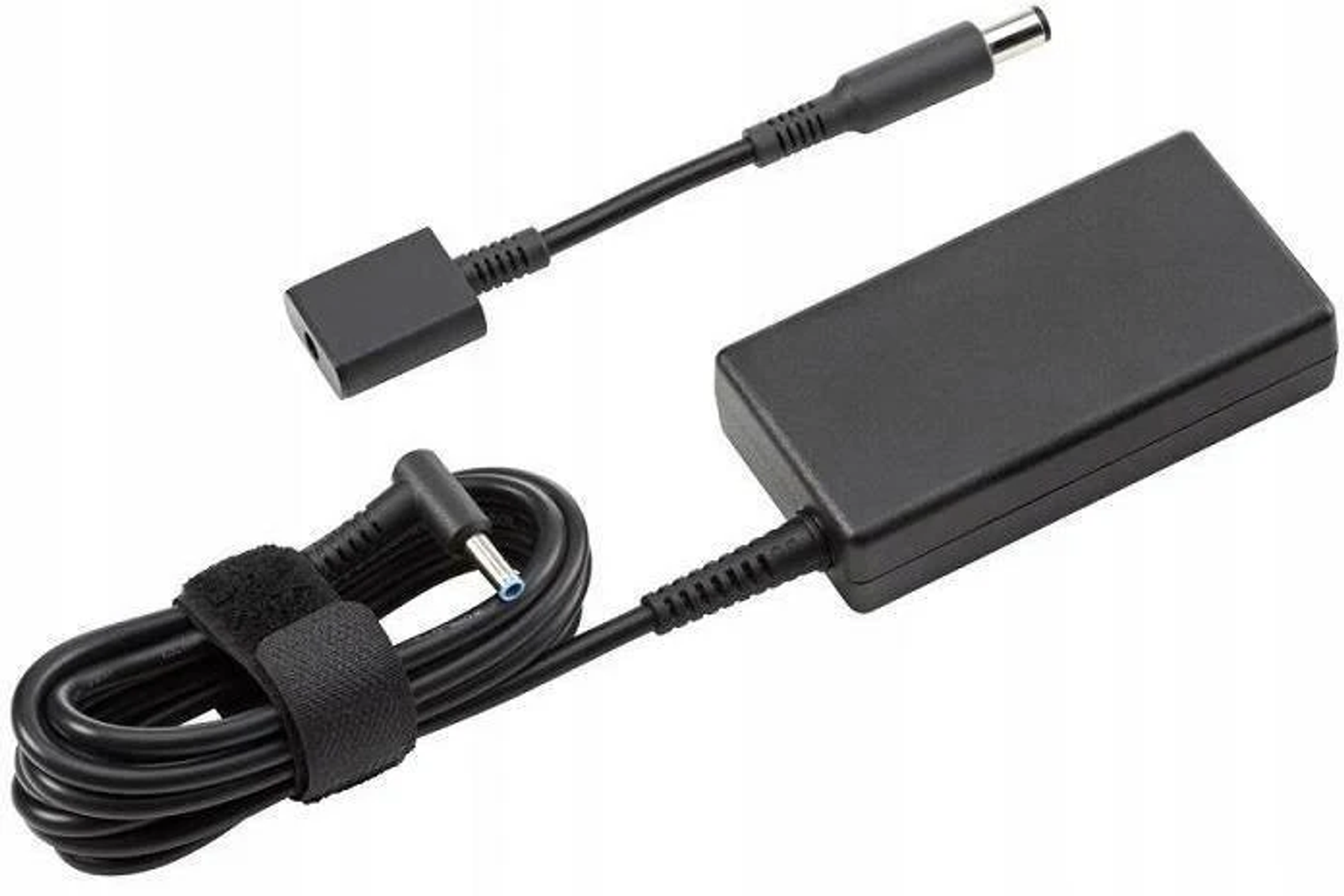 A black laptop power adapter with a cable and a separate adapter piece.