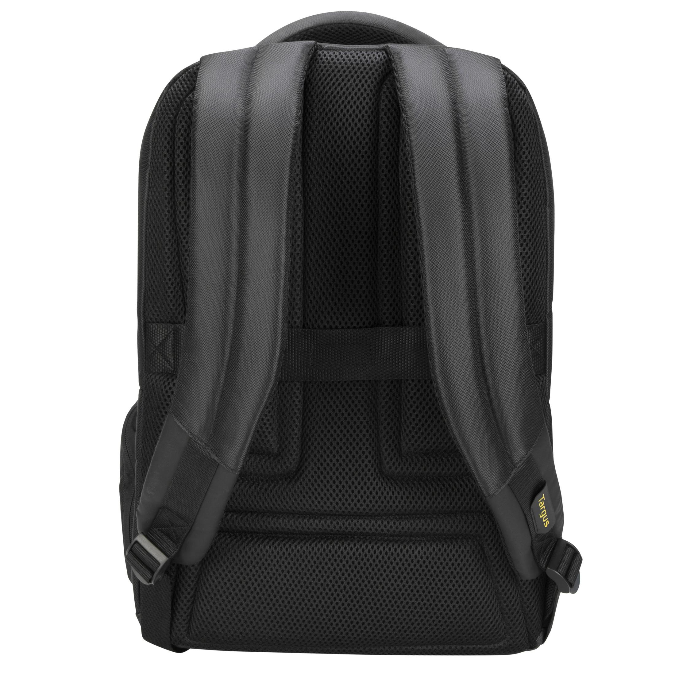 Sac à dos noir avec sangles et filet, sur fond blanc, vue arrière.