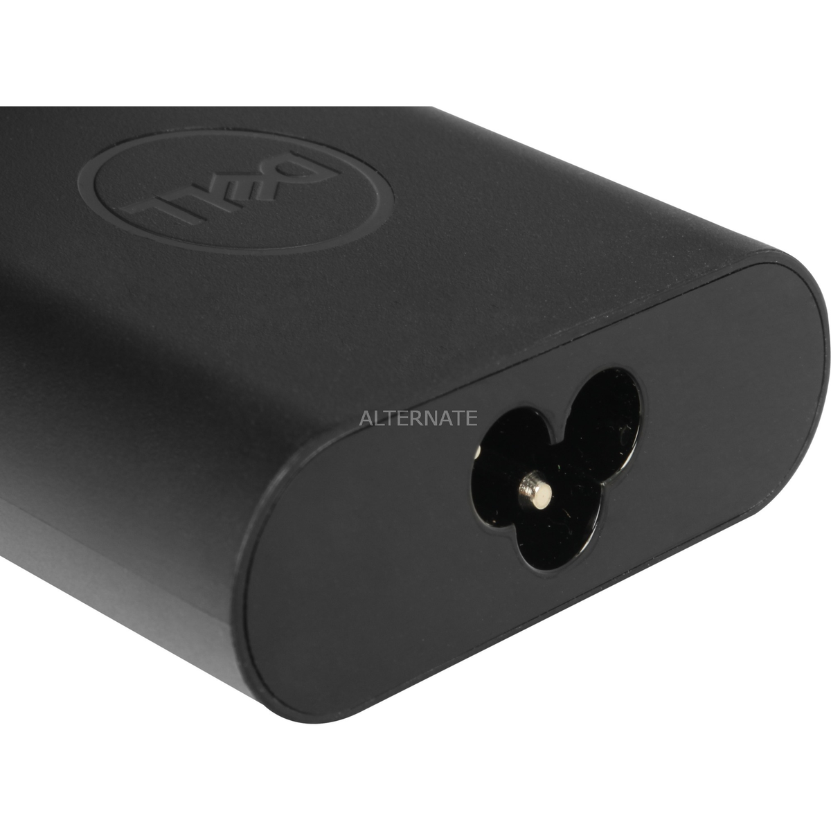 Schwarzes Dell Laptop-Ladegerät. Hat das geprägte Dell-Logo. Verfügt über einen dreipoligen Netzanschluss.