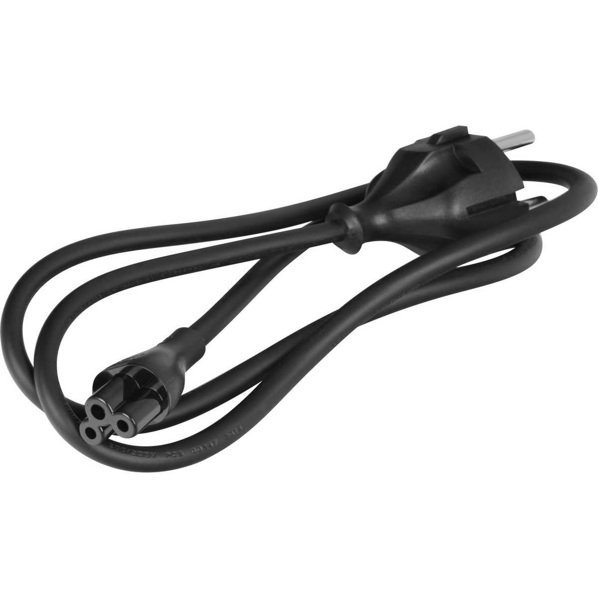 Ein schwarzes Netzkabel mit einem dreipoligen Stecker und einem zweipoligen Stecker.