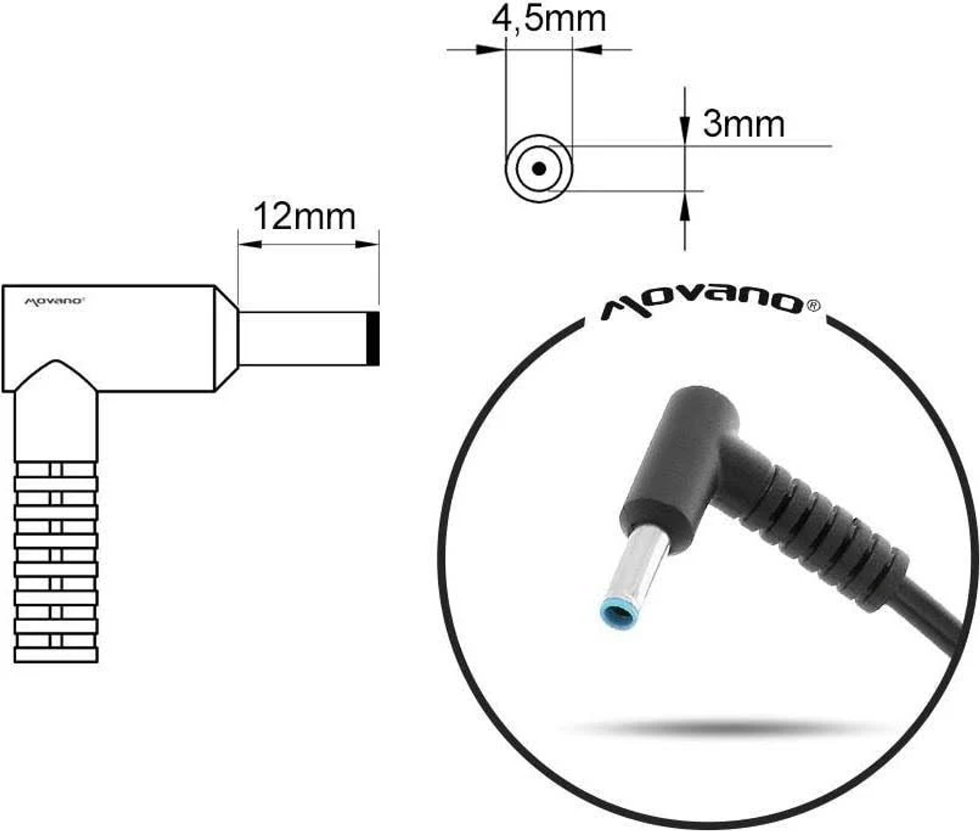 Ein Diagramm eines um 90 Grad abgewinkelten Netzadapters mit Abmessungen, einer blauen Spitze und dem Movano-Logo.