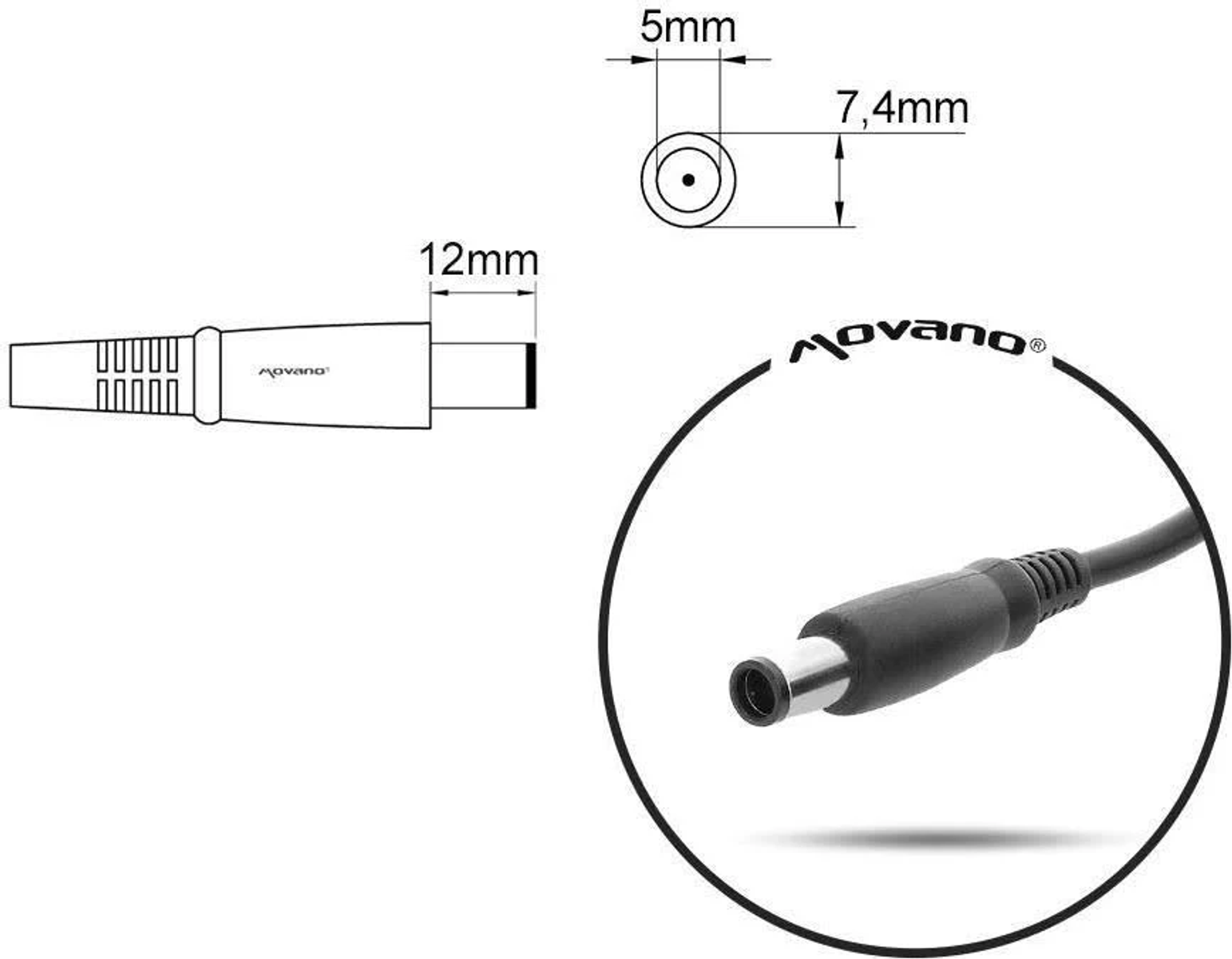 Ein schwarzer Netzadapterstecker mit Größenangaben für Messungen.