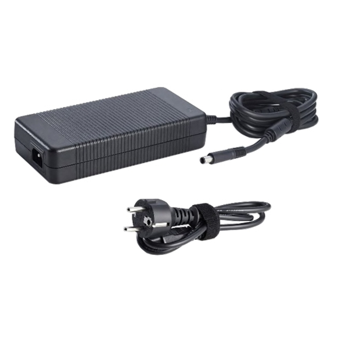 Ein schwarzes Laptop-Ladegerät mit zwei Steckern und einem aufgerollten Kabel.