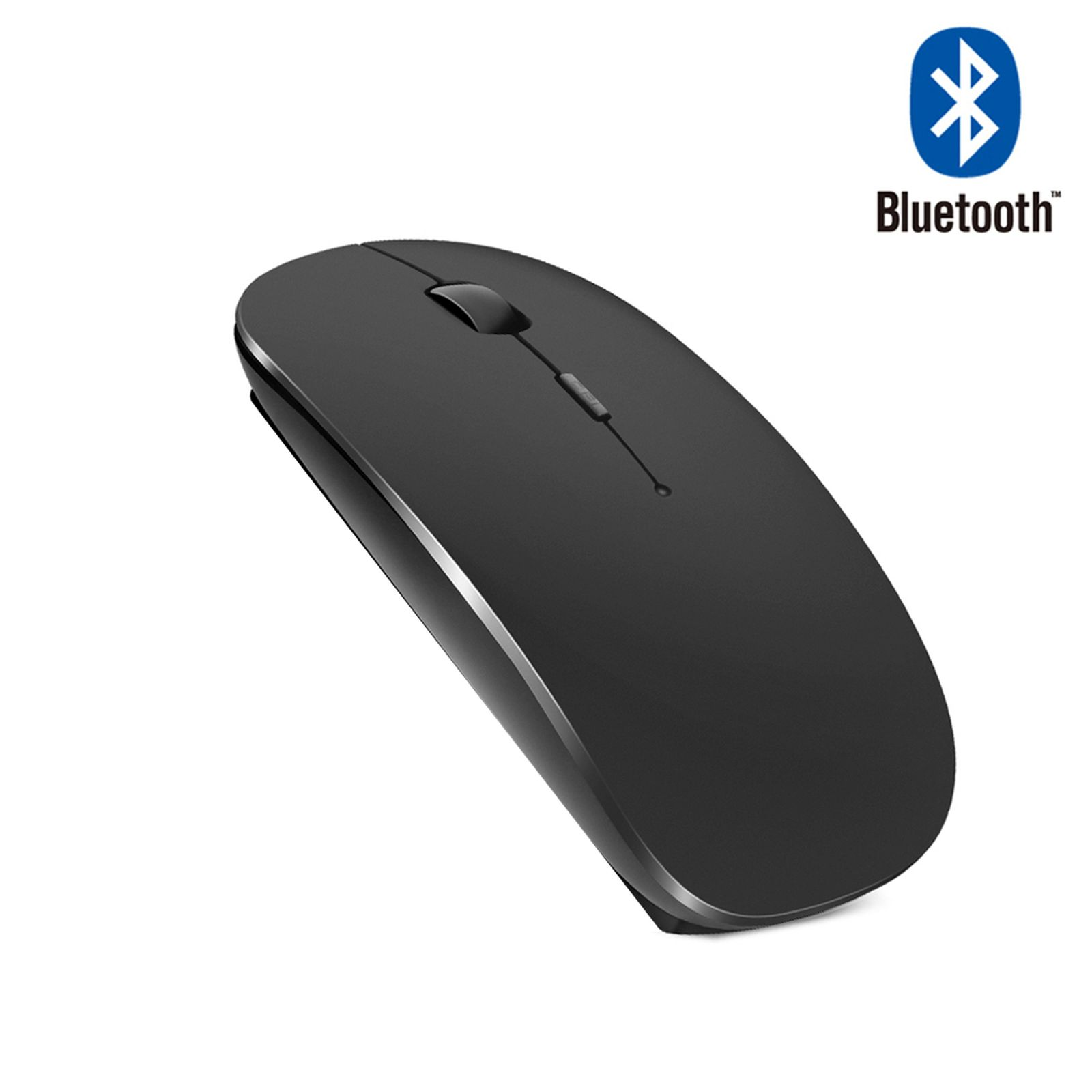 Schwarze kabellose Maus, Bluetooth-Logo, weißer Hintergrund.