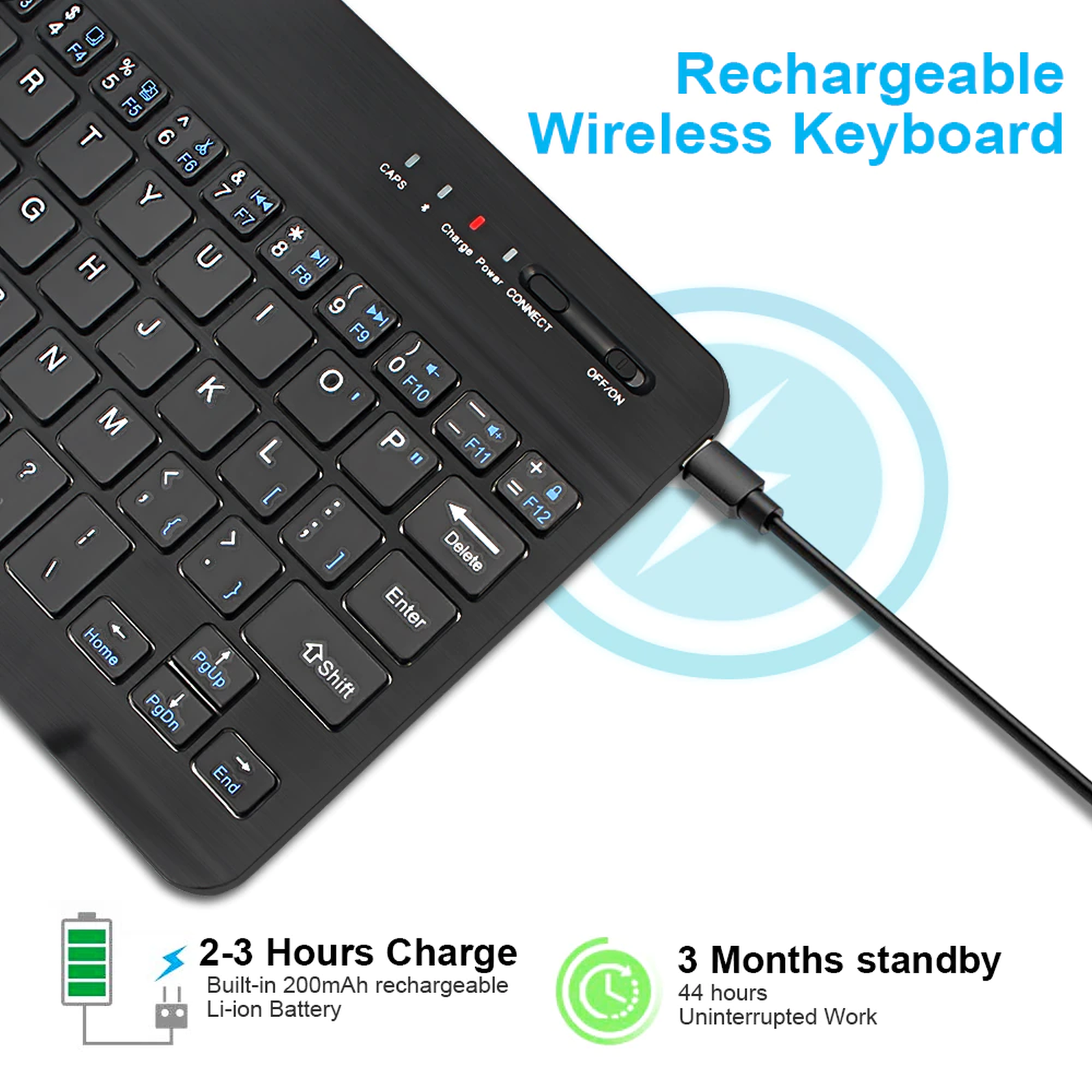 Schwarze kabellose Tastatur mit Ladekabel. Der Text lautet: Wiederaufladbare kabellose Tastatur.