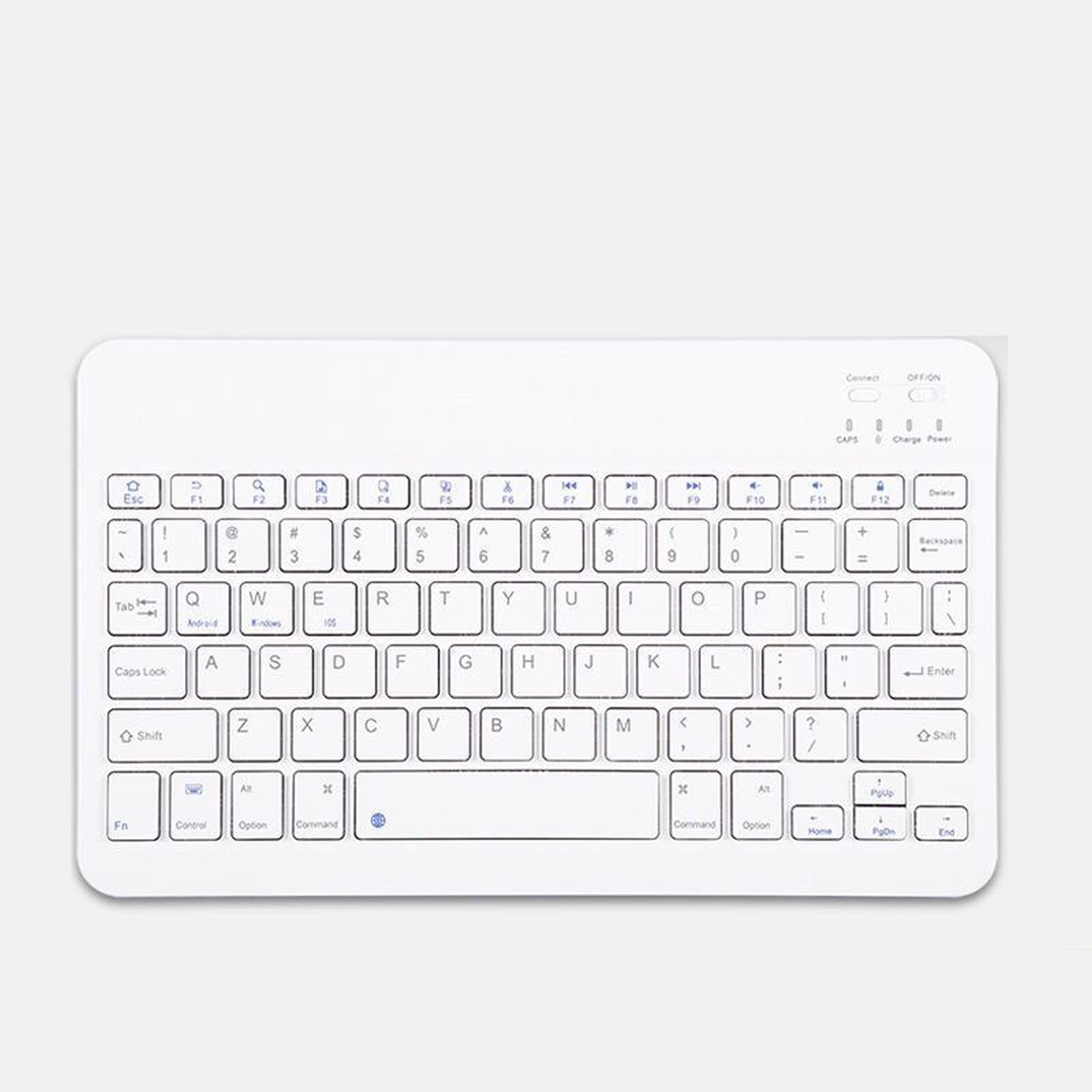 Weiße kabellose Tastatur, Draufsicht, mit Tasten und Funktionssymbolen. Weißer Hintergrund.