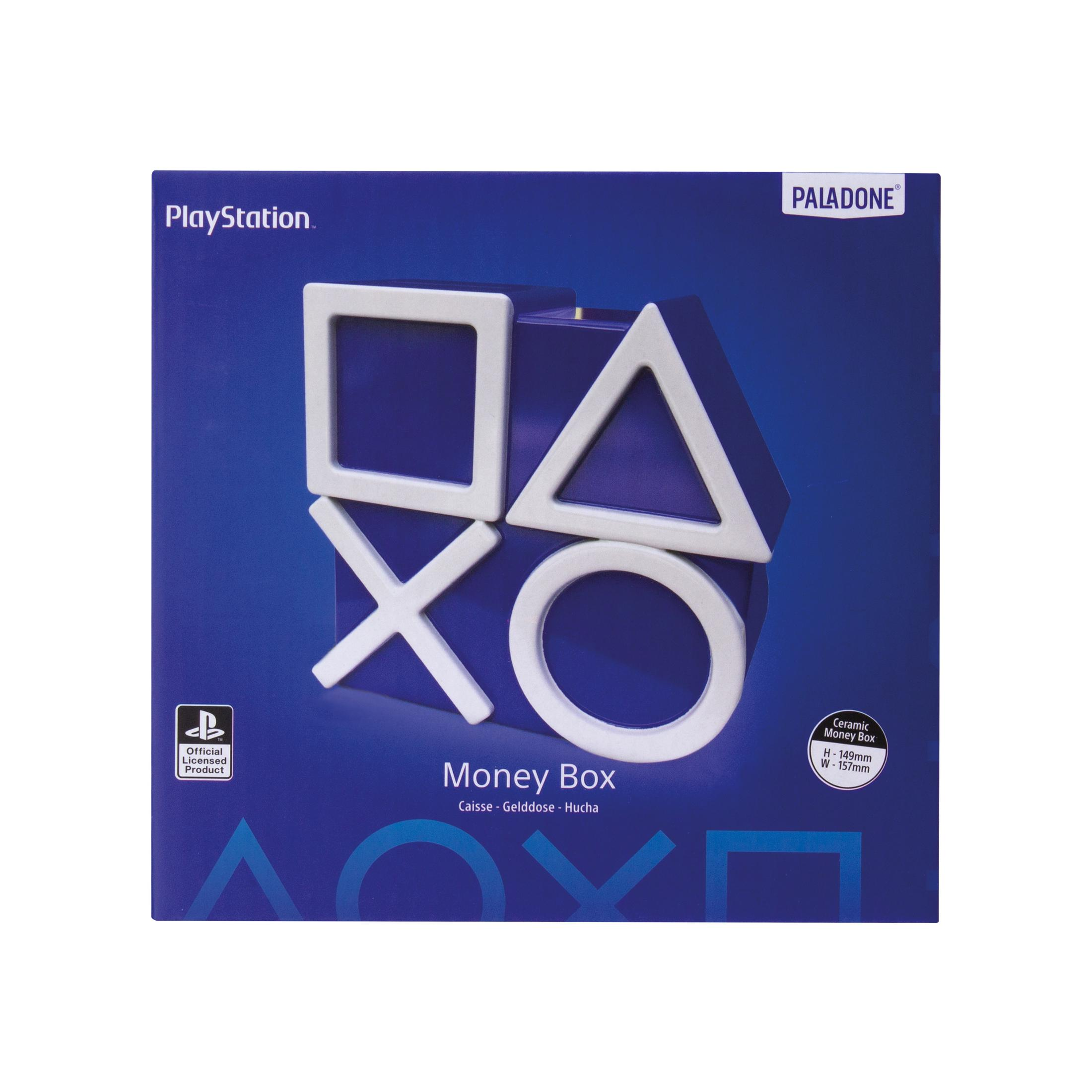 Eine blaue Spardose in Form von PlayStation-Symbolen, mit blauem Hintergrund.