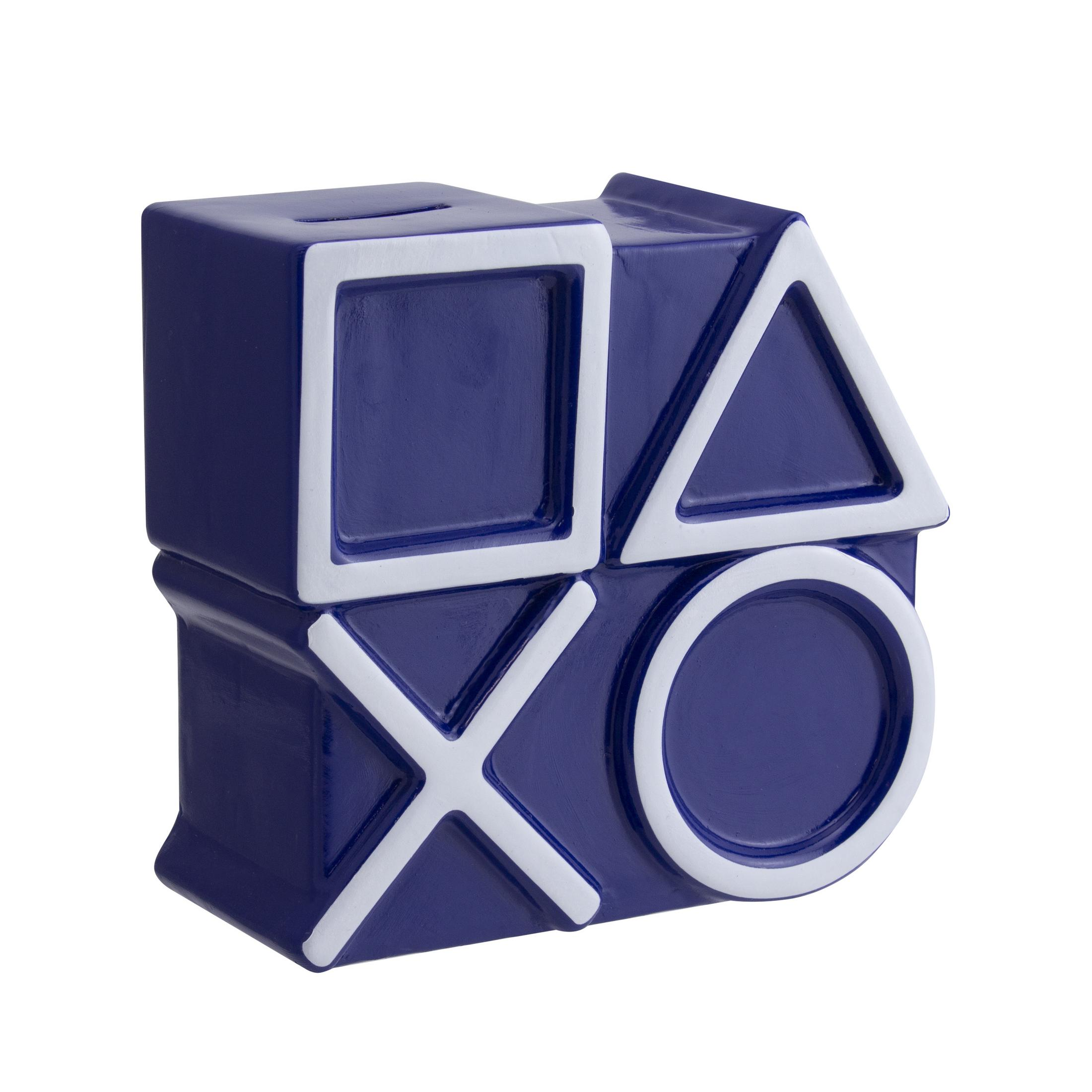 Blaue Sparbüchse in PlayStation-Form mit weißen Knopfformen.