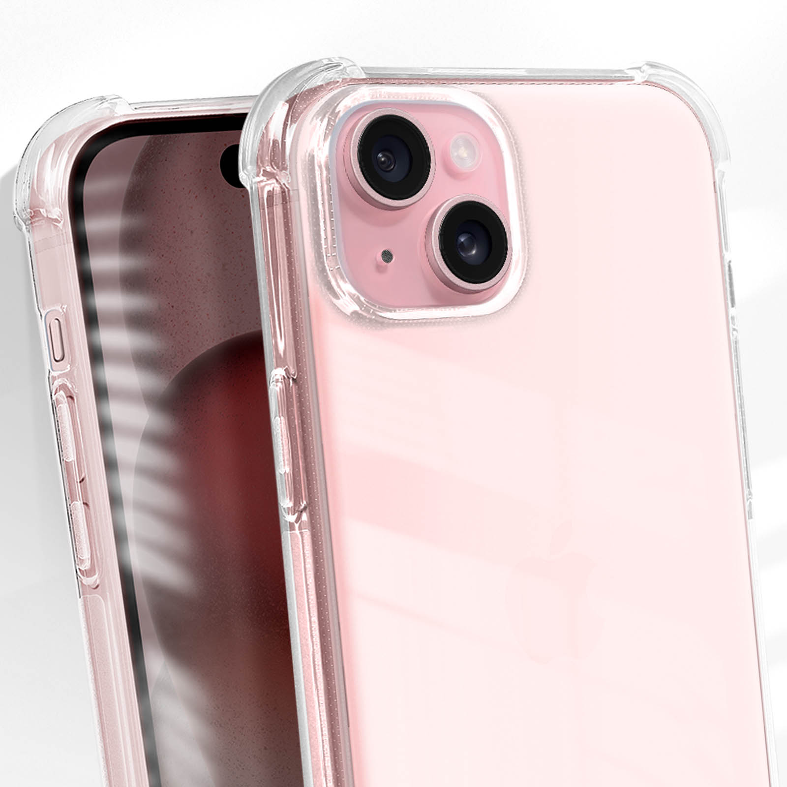 Primo piano di due telefoni rosa in custodie trasparenti, lenti della fotocamera chiare visibili.