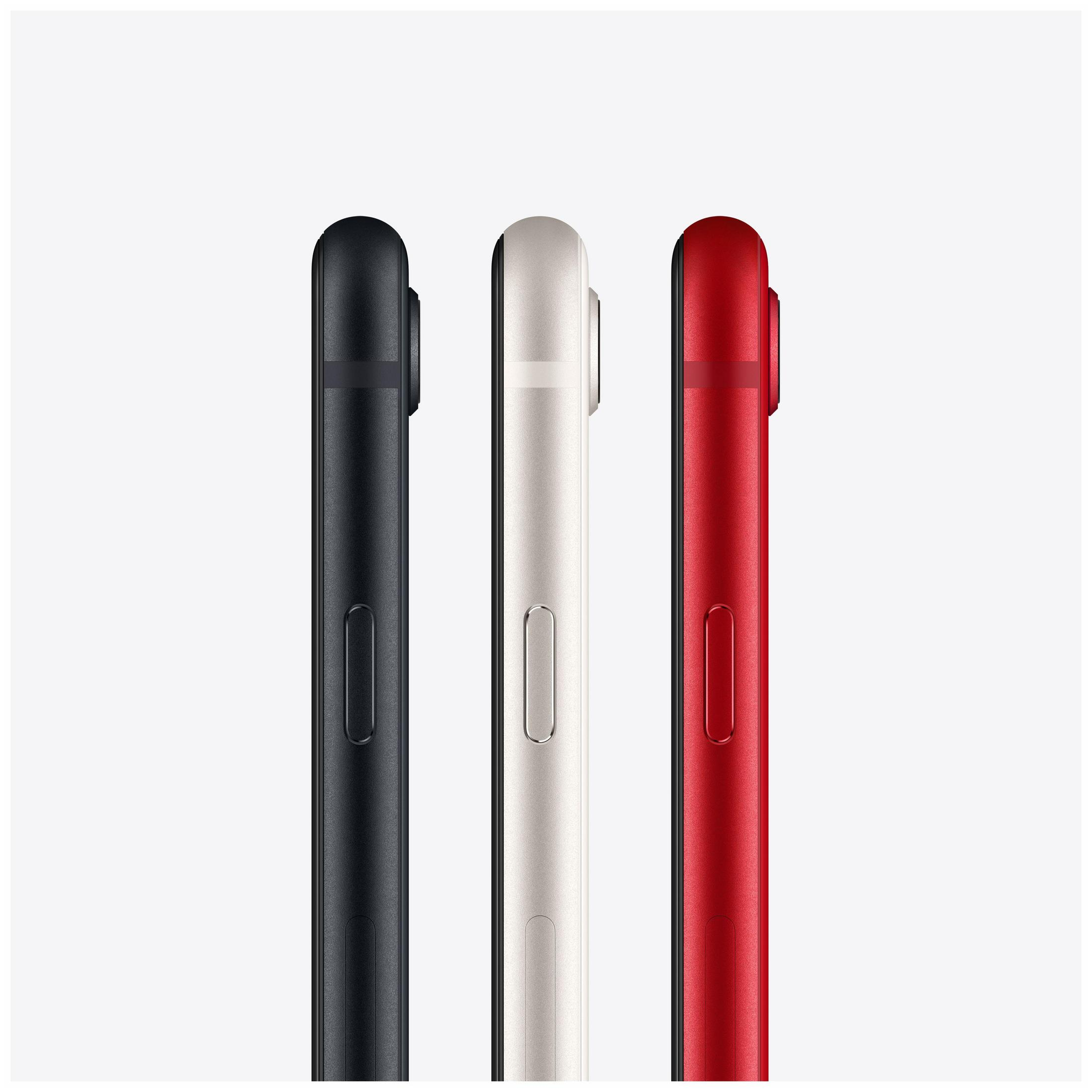 Trzy telefony iPhone SE w kolorze czarnym, białym i czerwonym, widoczne z boku.