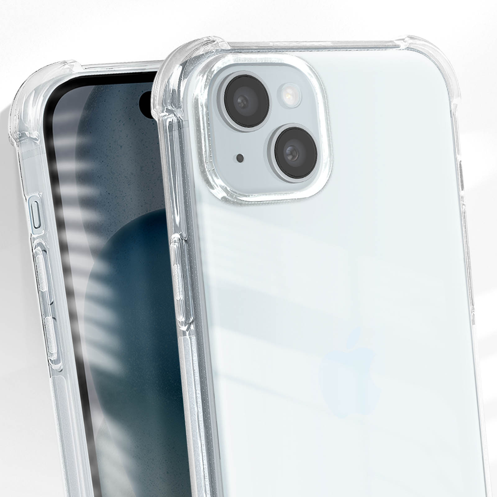 Due iPhone in custodie trasparenti, che mostrano le lenti della fotocamera e il logo Apple.