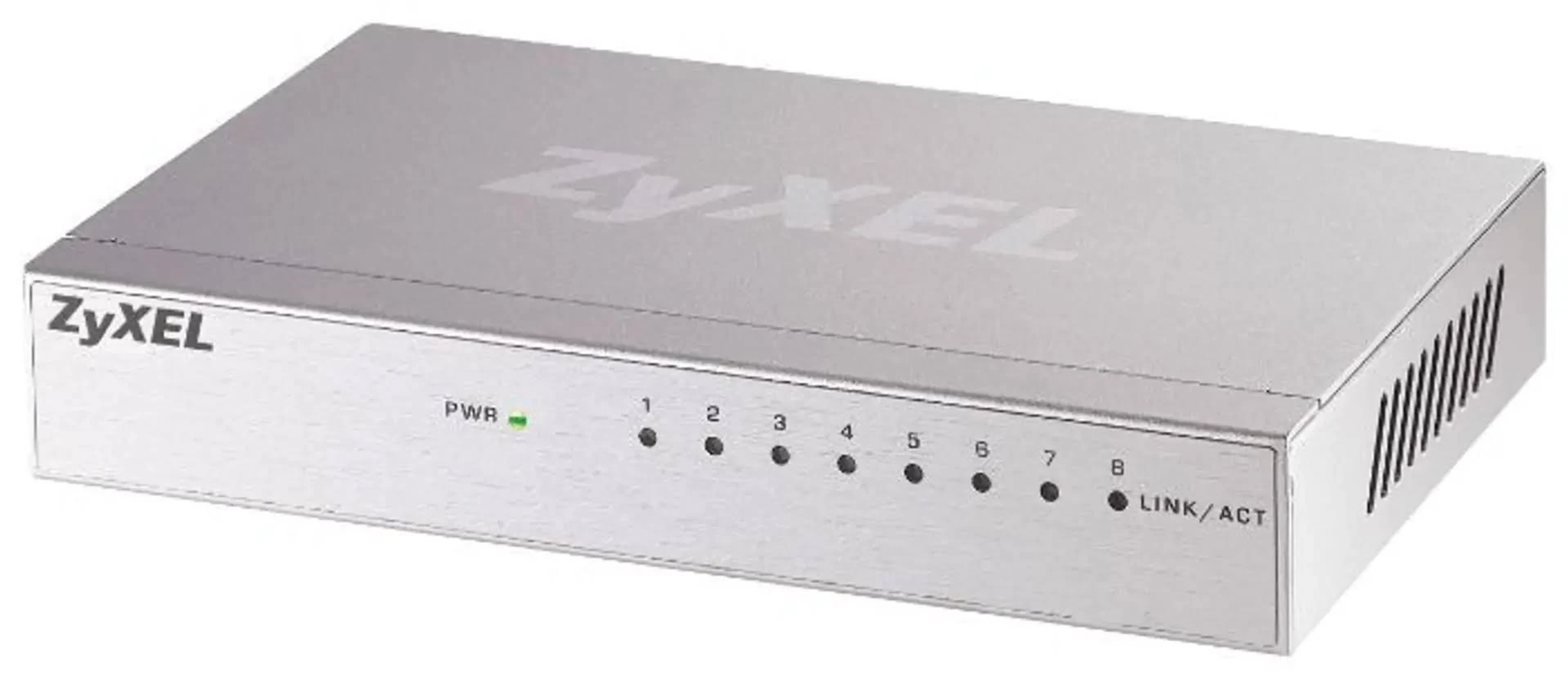 Silberner Netzwerk-Switch mit ZyXEL-Logo und nummerierten Ports. PWR- und LINK/ACT-Anzeigen.