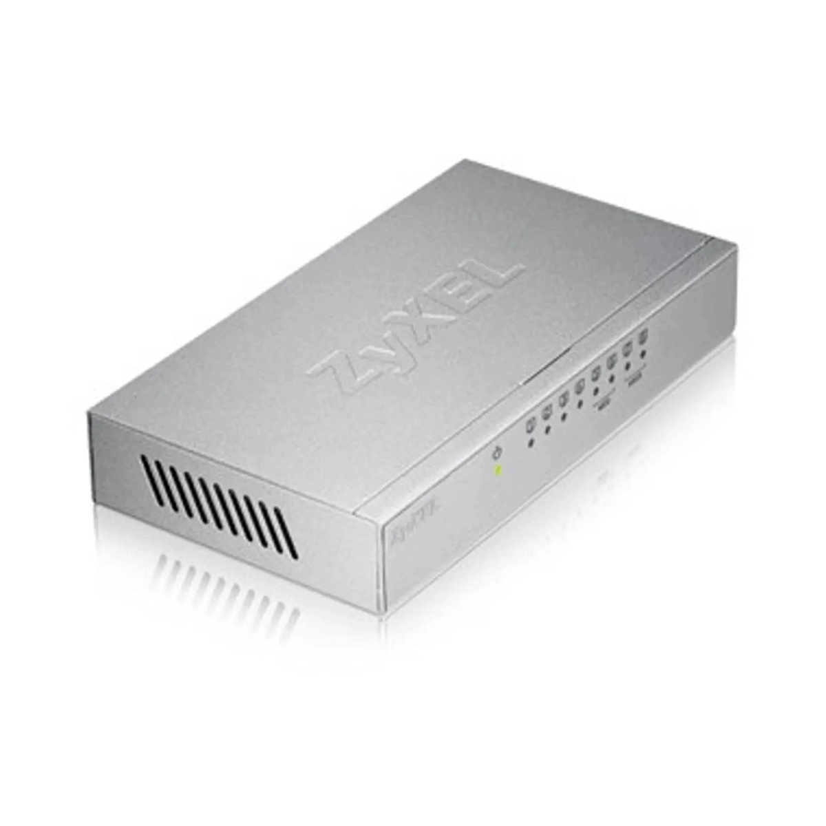 Ein silberner Zyxel-Router mit Kontrollleuchten. Er hat eine Belüftung links und das Logo oben.