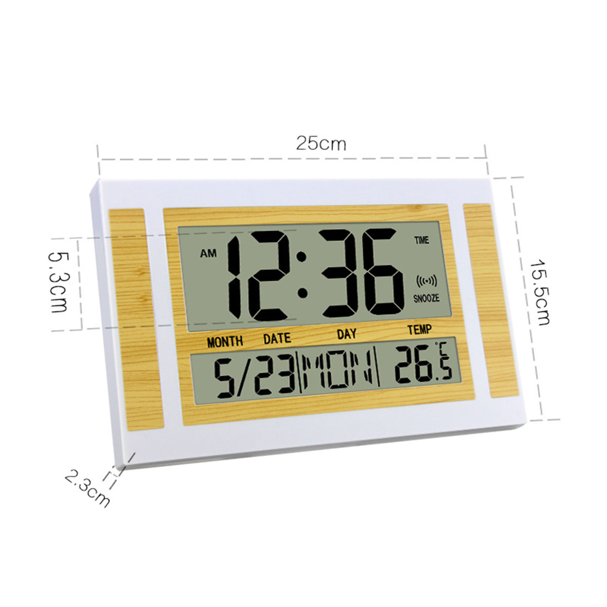 Digitaluhr mit Abmessungen in cm. Zeigt Zeit, Datum, Tag und Temperatur an.