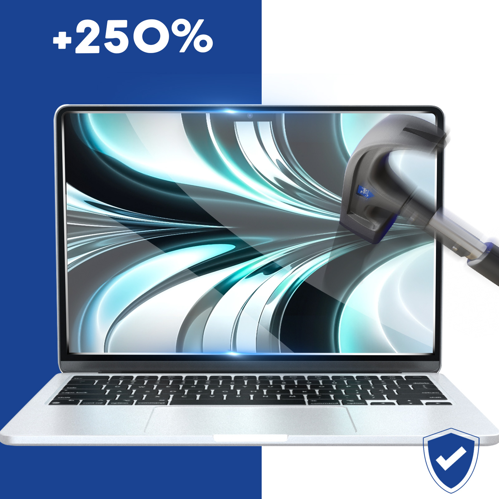 Laptop uderzany młotkiem. Ekran ma niebiesko-biały wzór.