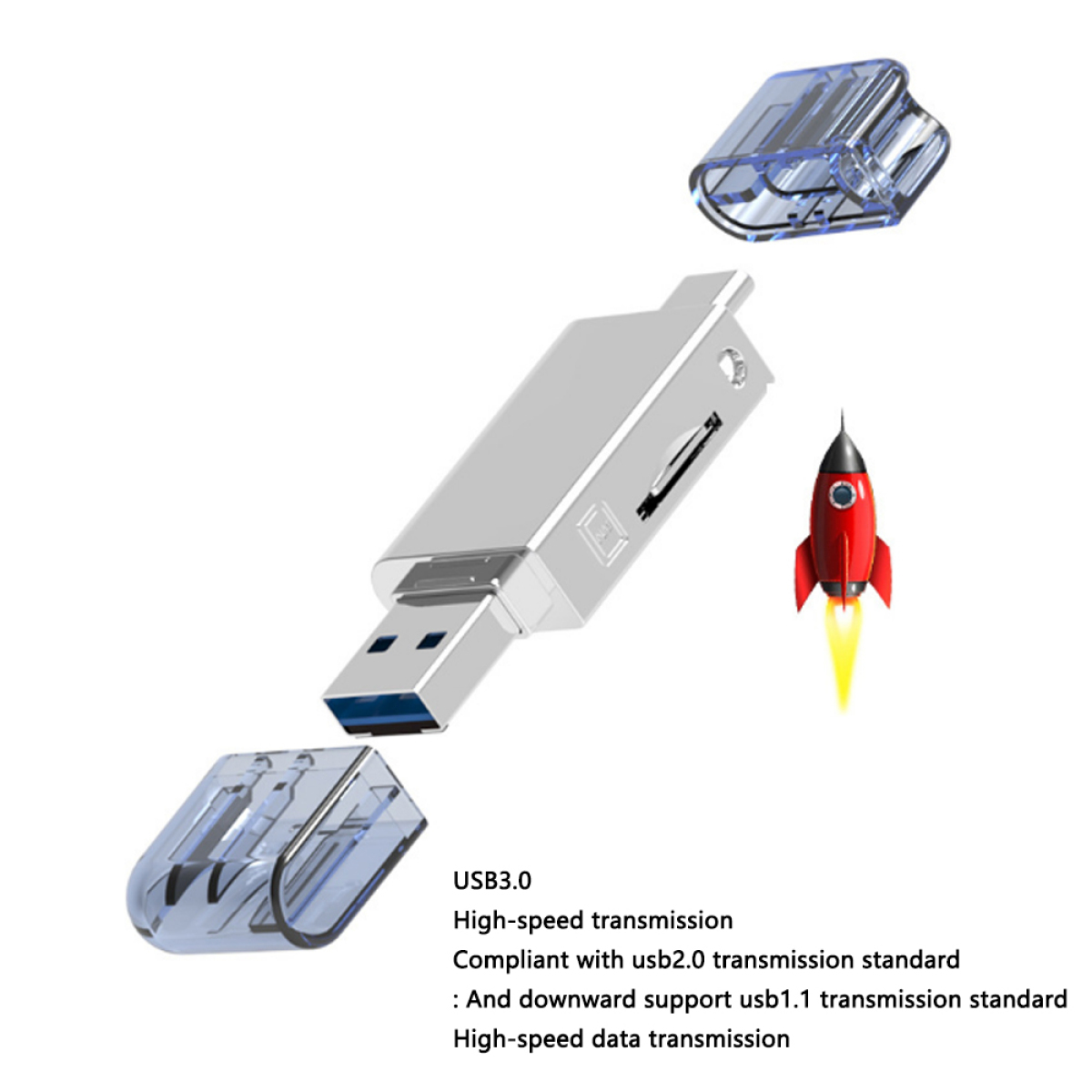 USB-Flash-Laufwerk mit transparenten Kappen. Enthält eine kleine rote Raketen-Illustration und USB3.0-Details.
