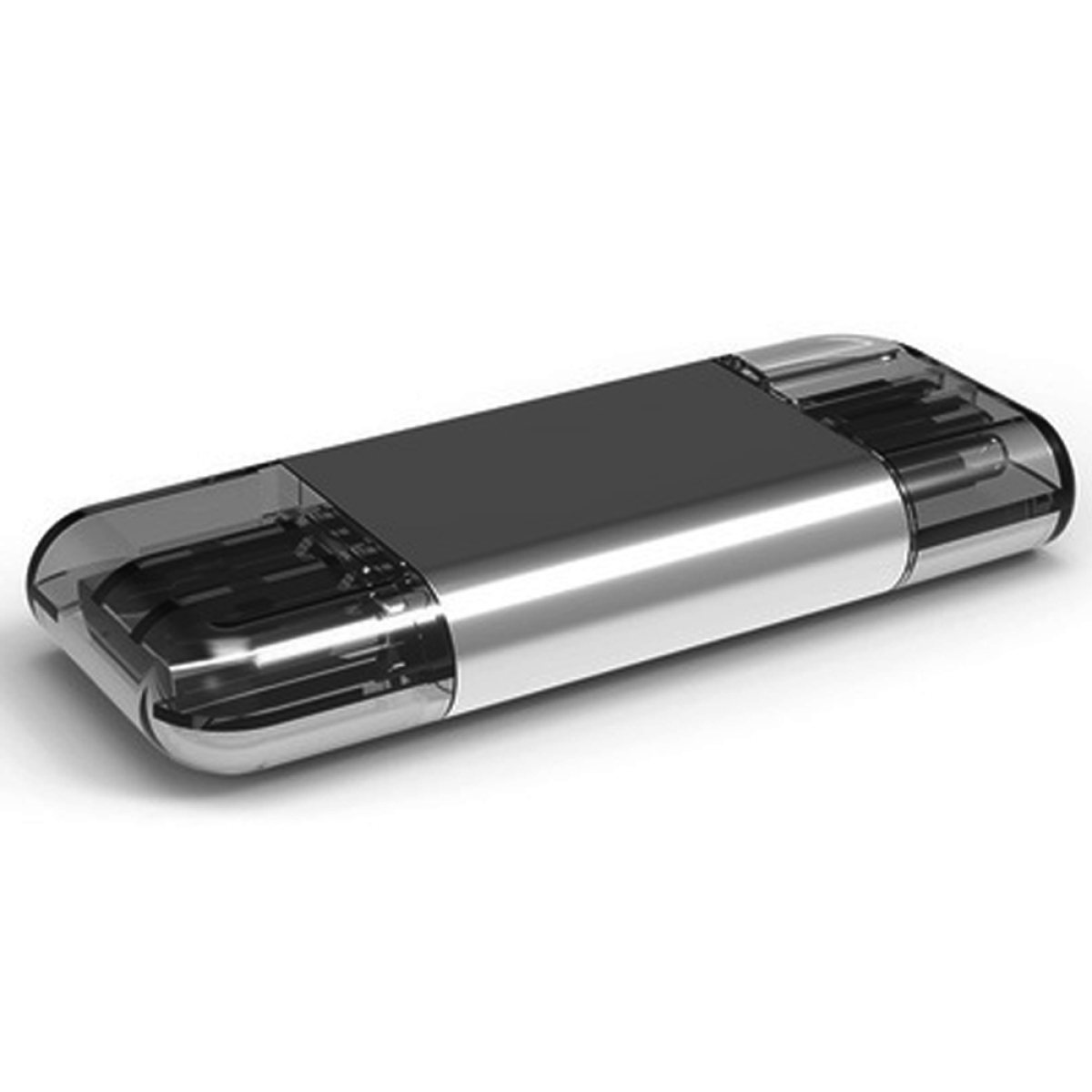 Silberner und schwarzer USB-C-Adapter mit transparenten Seiten.