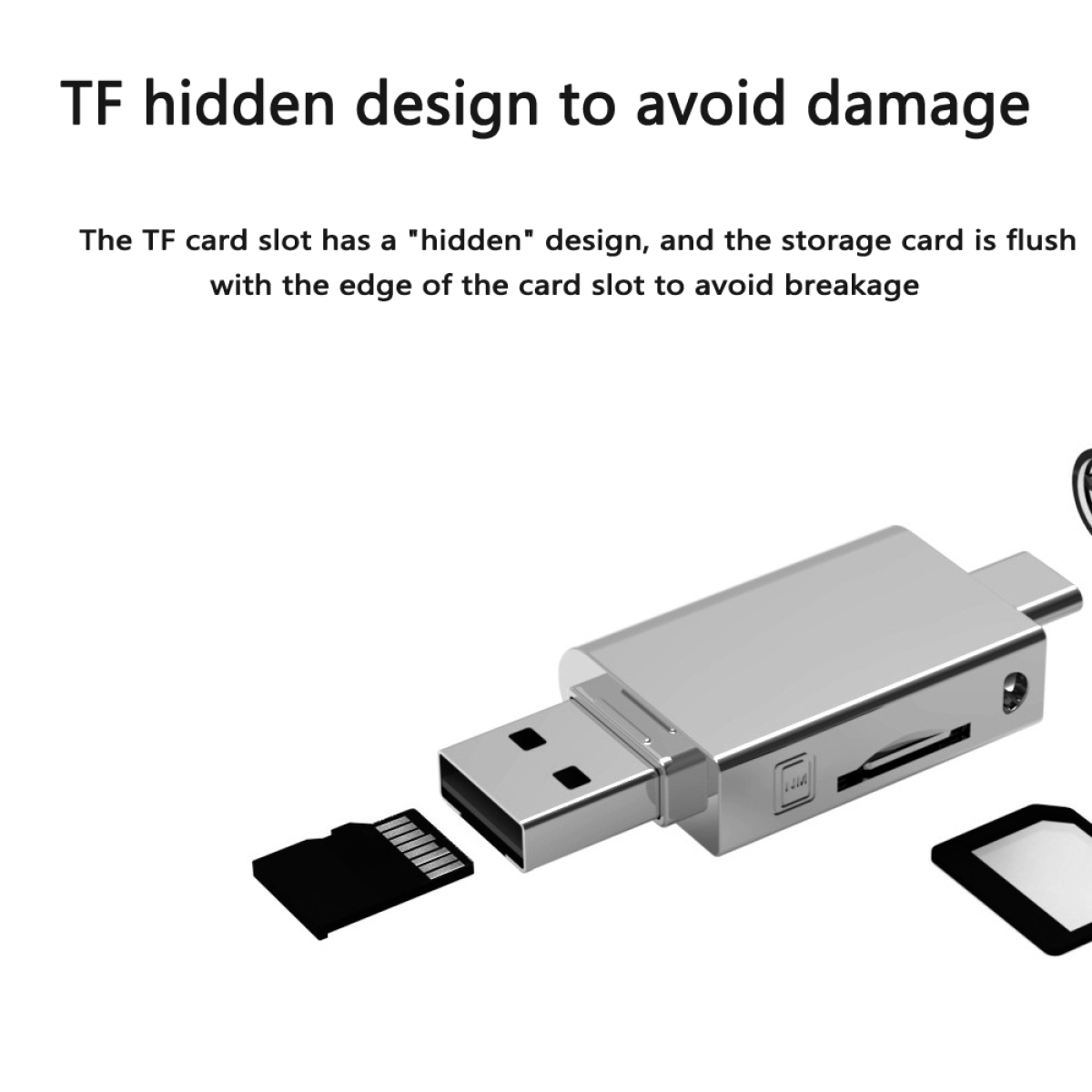 Silberner USB-Adapter mit TF-Karte und zwei anderen Karten, Text: TF-verstecktes Design zur Vermeidung von Schäden.