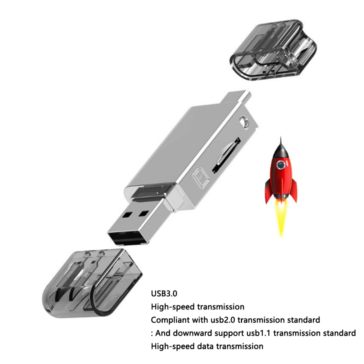Silberner USB-Stick mit SD-Kartensteckplatz, transparenten Abdeckungen und einer roten Raketenillustration.